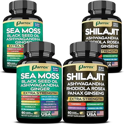 Miniatura 11 de Paquete de Shilajit y musgo marino, musgo marino 350 mg, aceite de semilla negra 200 mg, Ashwagandha 100 mg, cúrcuma, Shilajit 300 mg, Rhodiola