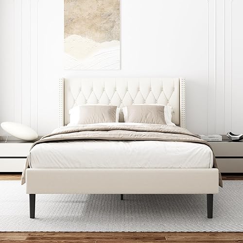 Base de cama de tamaño matrimonial, plataforma tapizada con cabecera con respaldo de ala, botón de terciopelo, fácil montaje, no necesita somier,