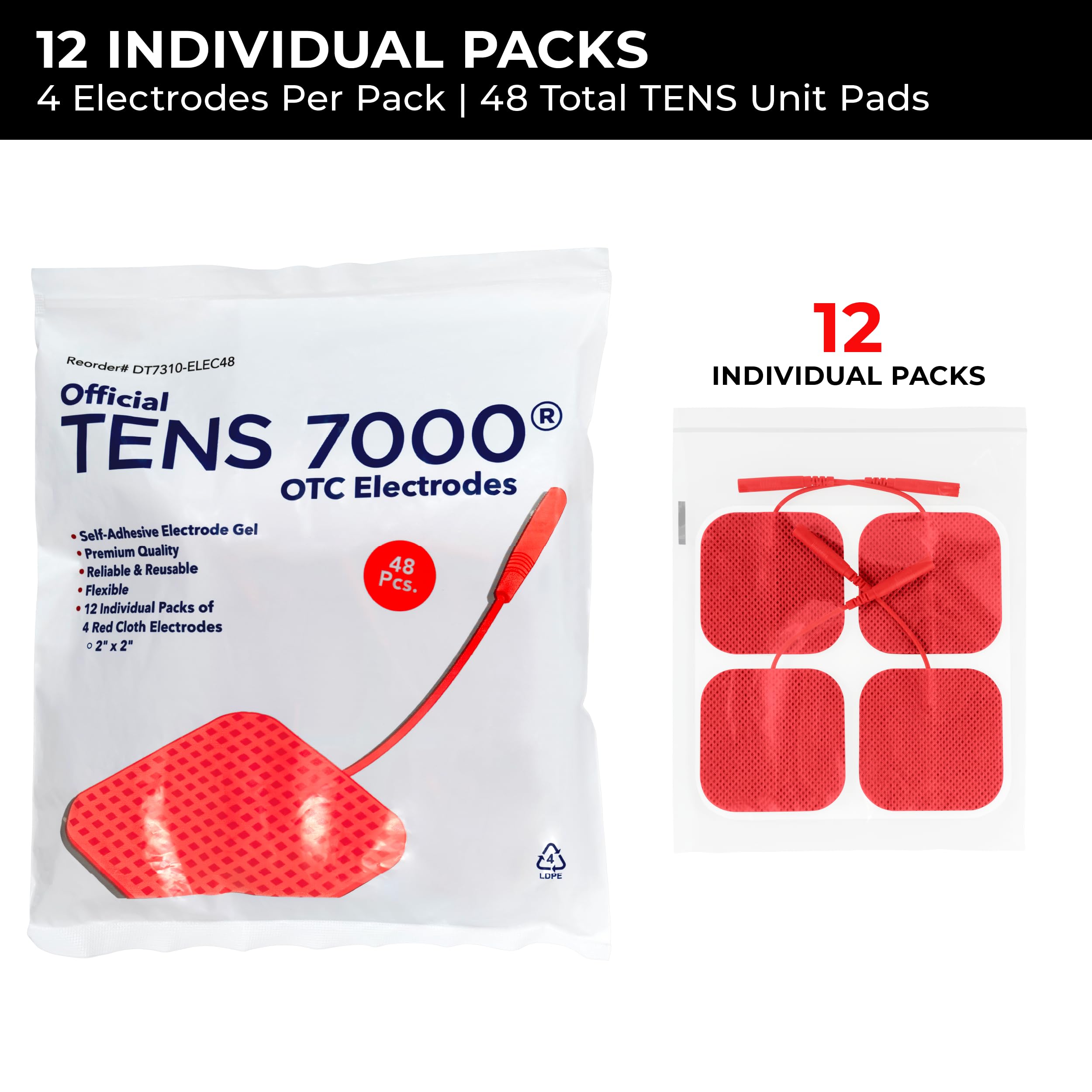 TENS 7000 Official TENS Unit Electrode Pads, 48 Pack, Premium Quality OTC Replacement Pads, 2" X 2", Compatible with Most Stim Machines Value Pack Replacement, Red — Amazon image 3