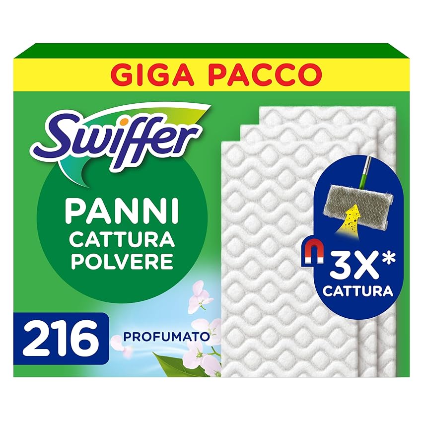 Swiffer Panni Cattura Polvere, 216 Panni Microfibra Dry, Cattura Polvere e Sporco, Ottimo per Tutti i Tipi di Pavimenti e per i Peli di Animali, Giga Formato
