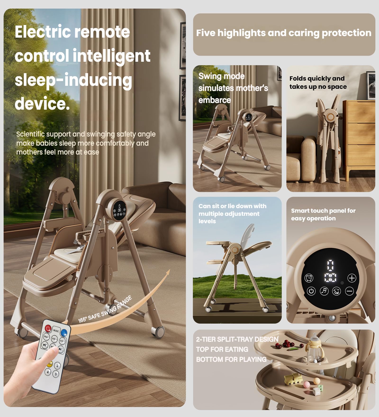 Magic ZC Elettrico Bluetooth Intelligente Pelle PU Seggiolone per Bambini Sedia da Pranzo per Multifunzionale Pappa Regolabili Convertibile Pieghevole con Doppi Vassoi Staccabili e Ruote (E8121 Khaki)