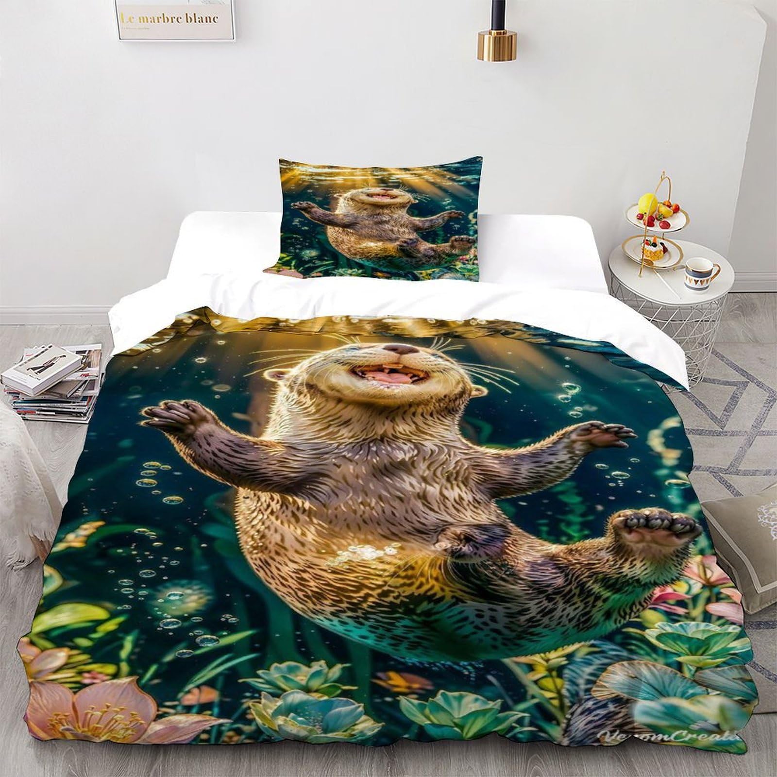 Otter Aquatic Bedding Set 2 Pieces Theme Bedspread Animal Themes Marine Animals Duvet Cover Set Microfiber Quilt Cover Suitable for Family,couple,children with Pillow Single（135x200cm）