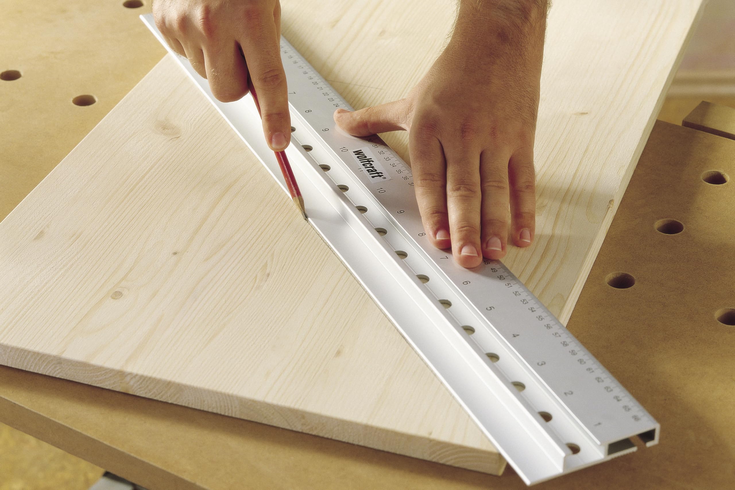 wolfcraft Guida per Fori Multipli, Dima di Foratura 5 in 1 per Spinature, Giunzioni a T/Angolo/Piane e File di Fori da 32 mm per Armadi – per Tavole 12–40 mm – 4650000