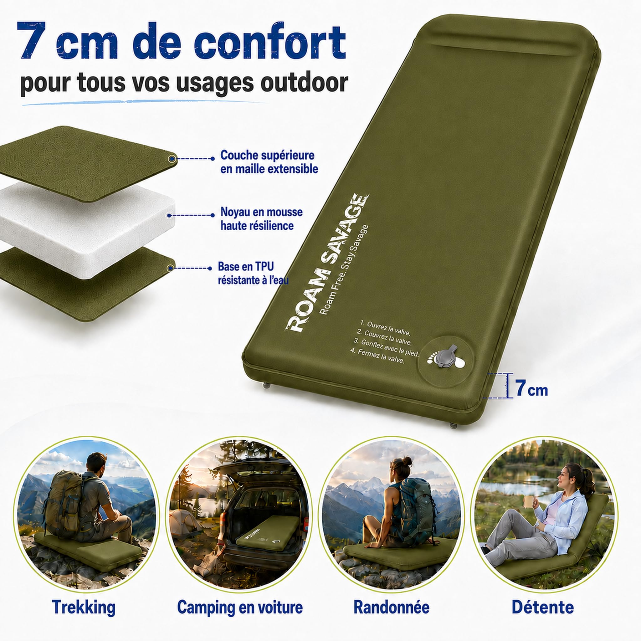 ROAM SAVAGE Tapis de camping autogonflant avec oreiller intégré, léger