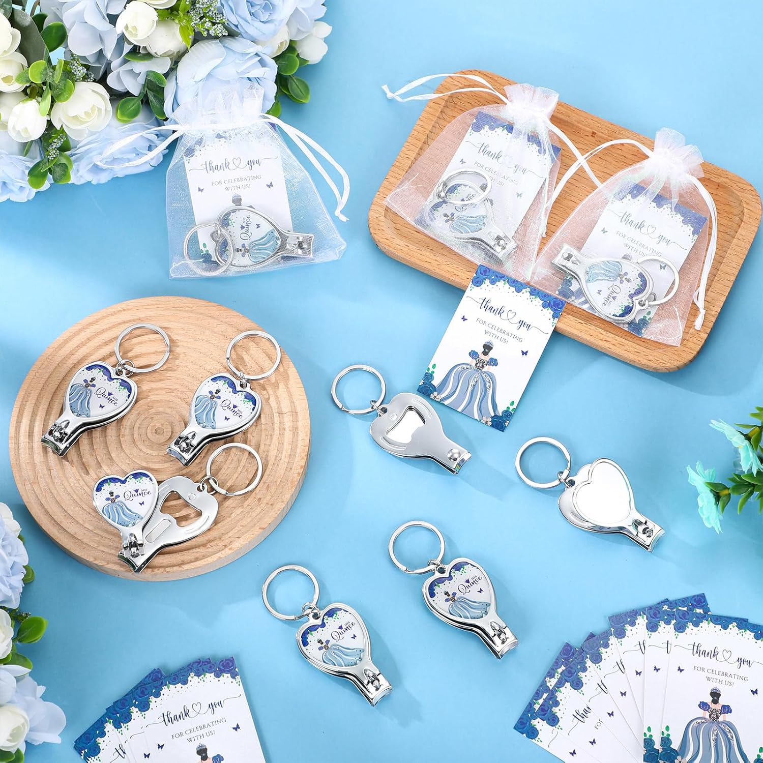 Landical 50 Sets Blue 15th Quinceanera Party Favors Includes Quince Keychain Bottle Opener Nail Clipper Thank You Cards Organza Bags for Guests Sweet 15 Birthday Party Adults Souvenirs - Image 5