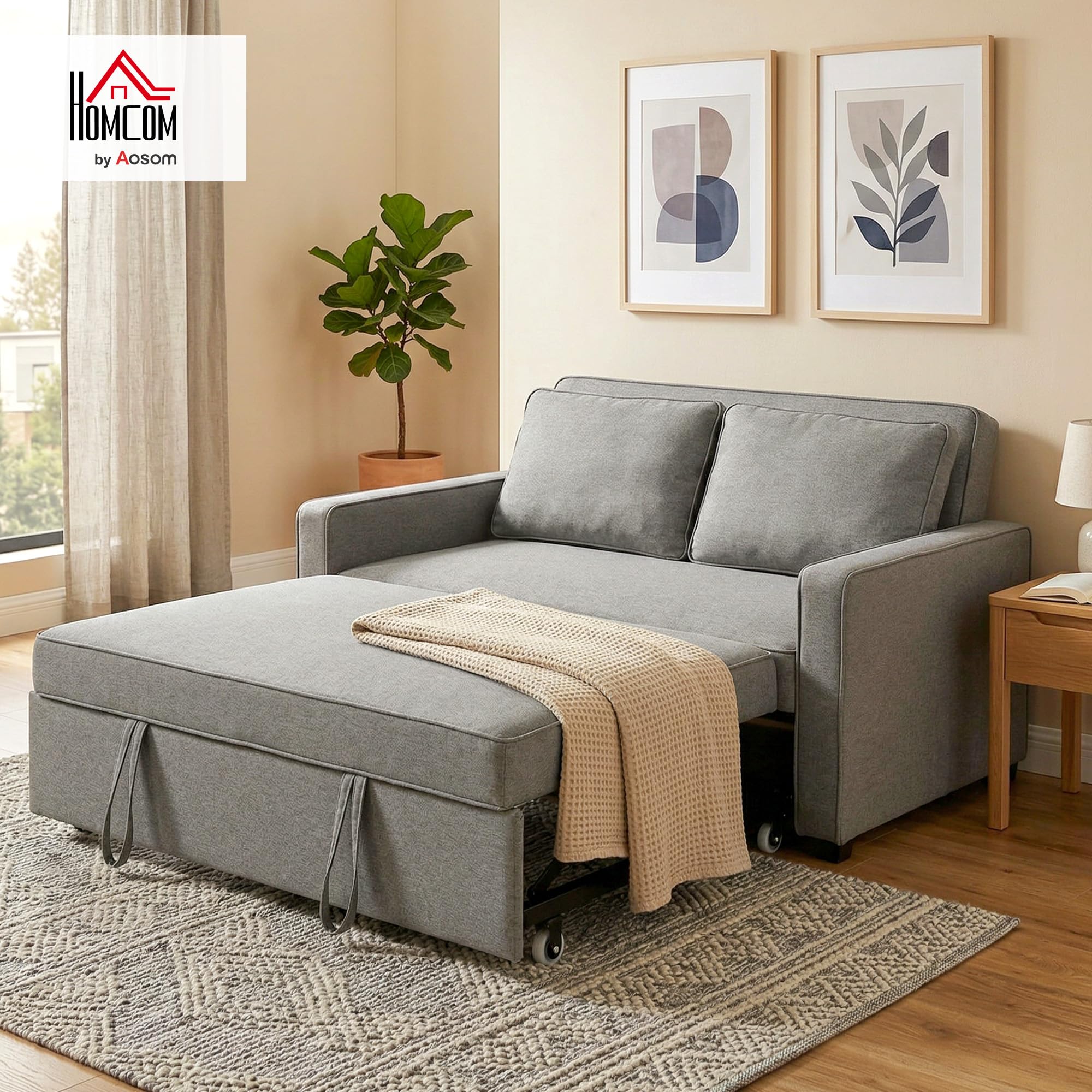 HOMCOM Divano Letto 2 Posti 3 in 1 Effetto Lino con 2 Cuscini, Divano Letto Matrimoniale Estraibile Reclinabile 3 Livelli Salvaspazio, Braccioli, Seduta Imbottita, Legno Eucalipto, Soggiorno, Grigio