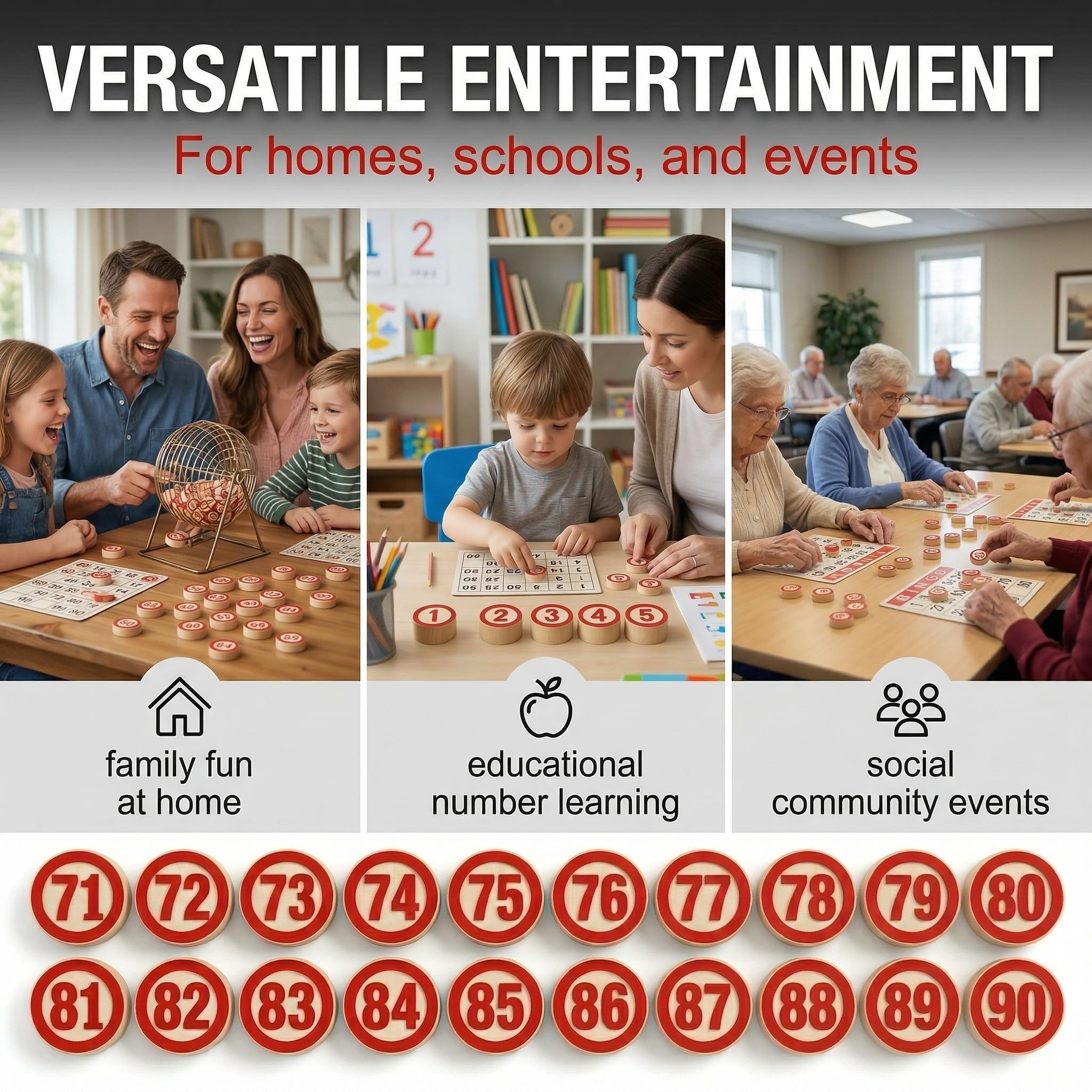 Gra Bingo Tradycyjne Lotto, 90 Numerowanych 2-Strony Bingo, Drewniane Żetony, Drewniane Bingo Klasyczne Drewniane Bingo