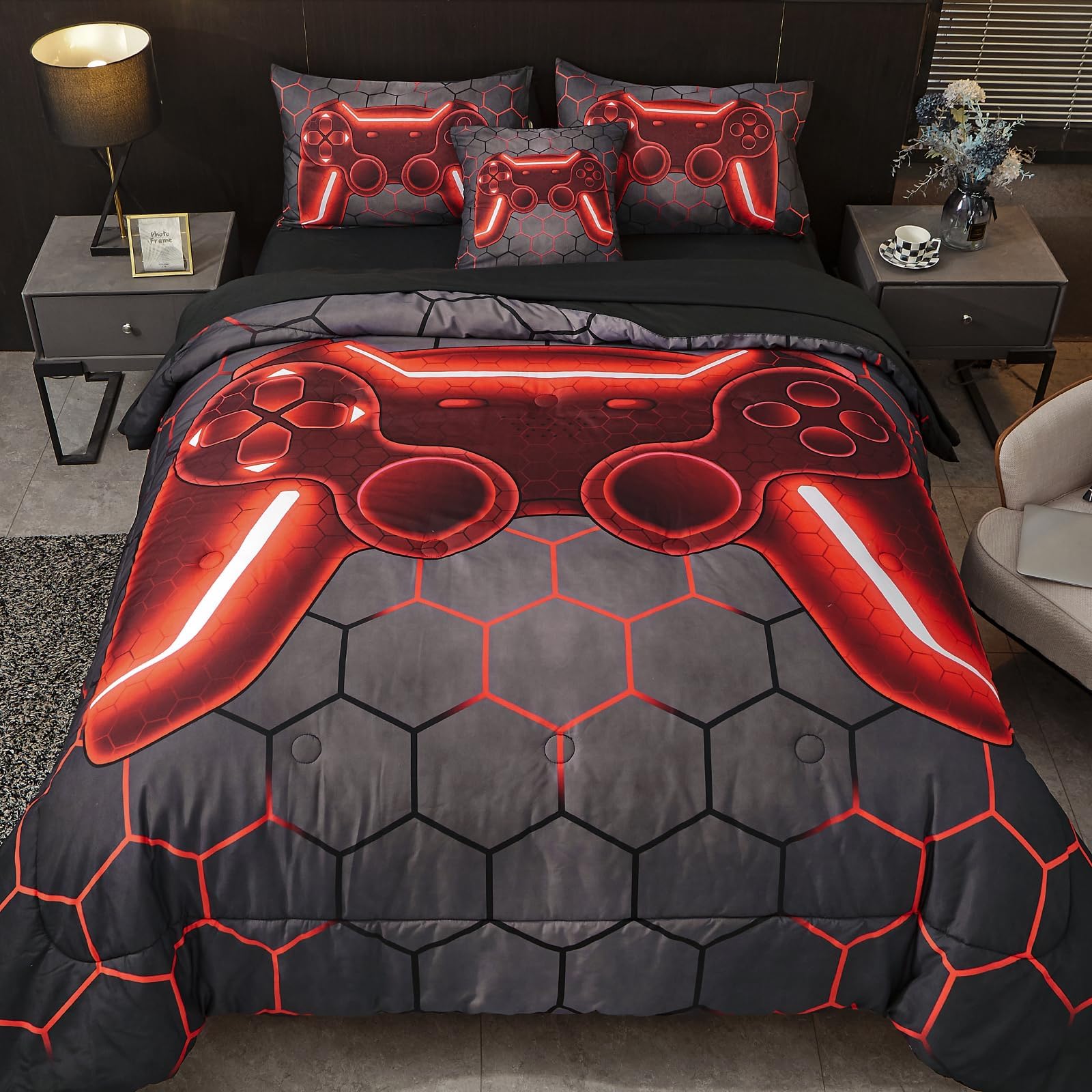 DORCAS Gamer Comforter Sets for Boys,Full Size Gamer Bedding Sets Boys,6 Pieces Gaming Comforter Set with Sheets for Boys Kids