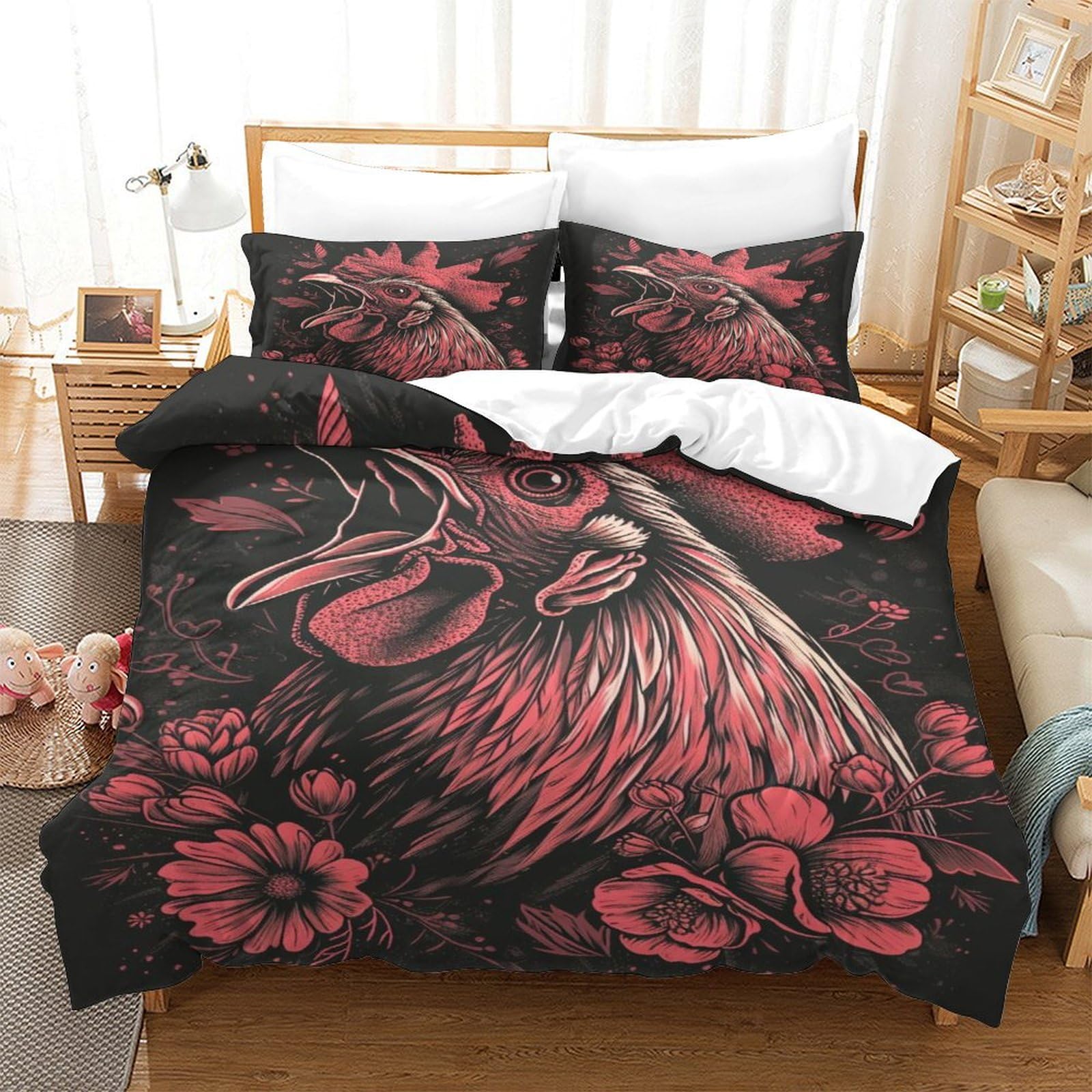 P1s9u7w5y Gallic Rooster-3 3D Printed Rooster Floral Pattern Duvet Cover Set 3Pcs Microfiber Chicken Bedding Set King（220X240cm）