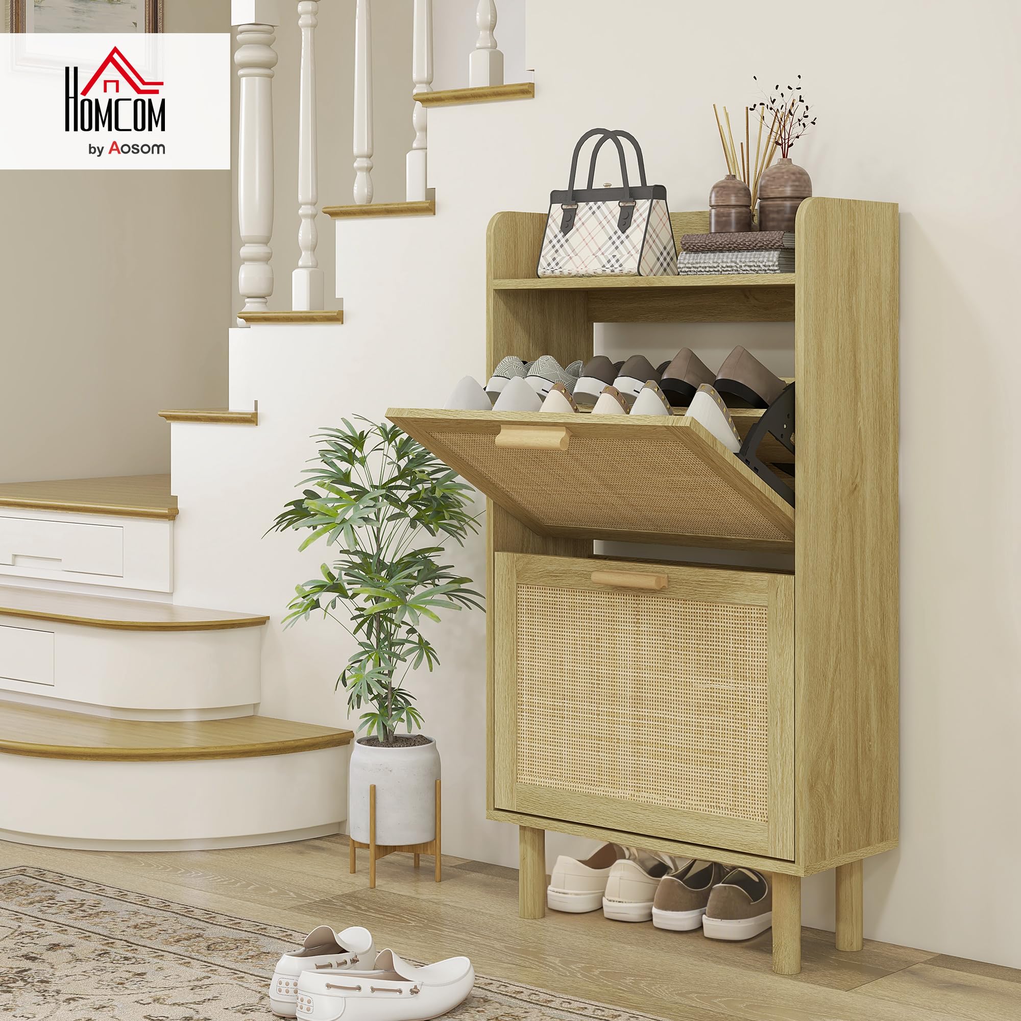 HOMCOM Scarpiera Salvaspazio Slim 2 Ante Ribalta 80x24.5x110 cm Rovere | Scarpiera Boho Ingresso, Ripiani Regolabili, Piano Superiore, 4 Gambe, Porta Scarpe per 12 Paia