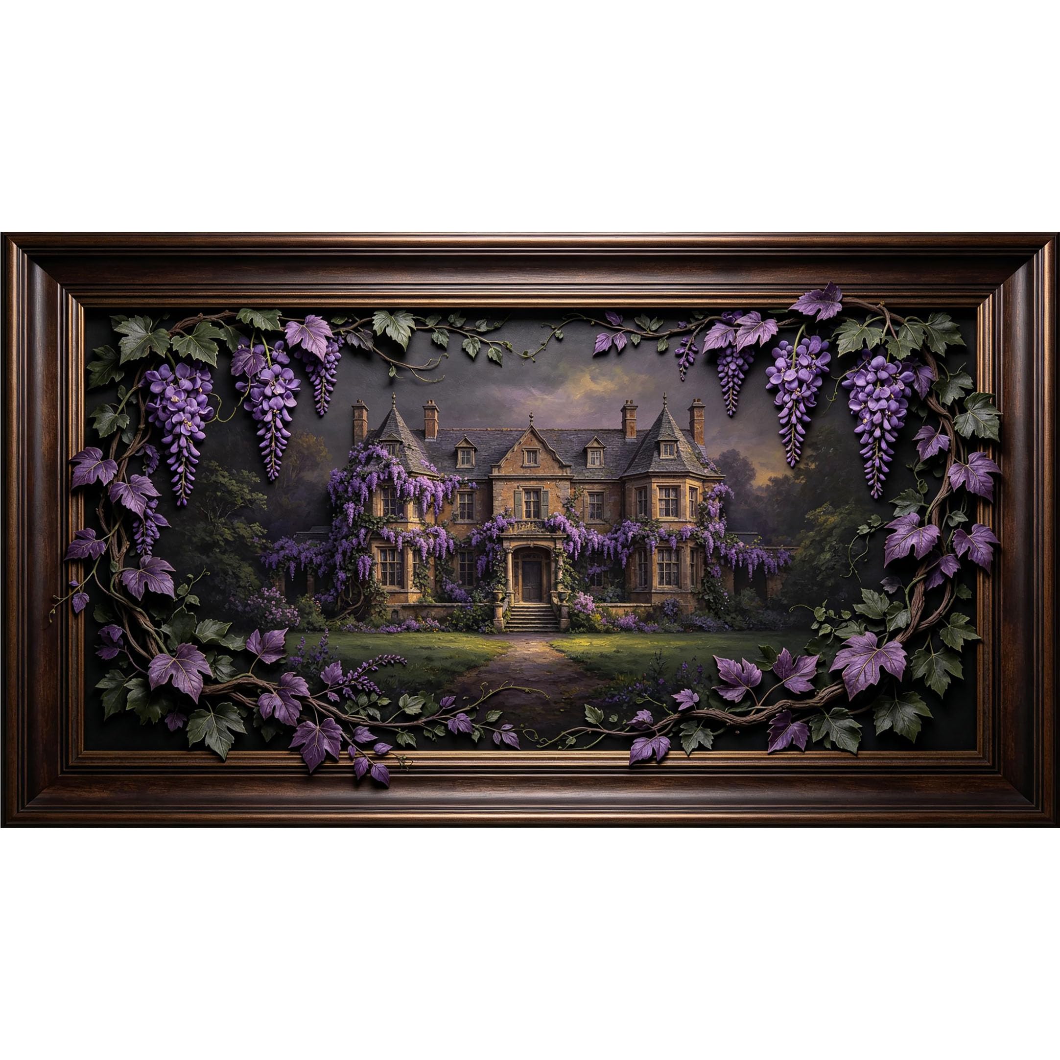 QZLITHOTIC 50×90cm3D Framed Wall Art， Wisteria Manor Botanical Landscape Self?Adhesive Mural， Water?Activated Peel & Stick Fabric Decor Wall Decal for Bedroom Living Room