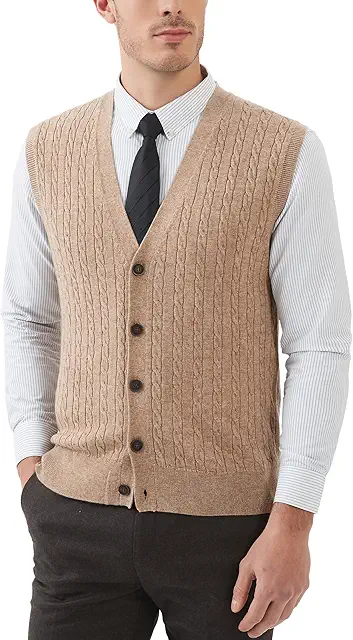 Gilet en Laine sans Manches Homme - Cardigan Tricoté Col V avec Boutons