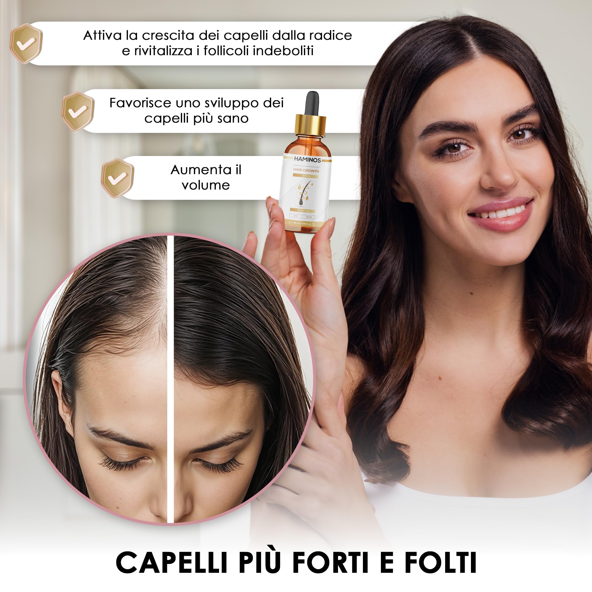 HAMINOS Derma Roller 0,5 mm con Siero Capelli per Donne, Microneedle Roller con Serbatoio, Applicatore Siero per Cuoio Capelluto, Attaccatura, Riga e Zone Meno Folte