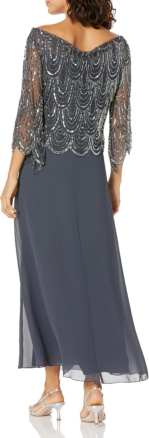 J Kara Women's Petite 3/4 Scallop Beaded Pop Over Gown