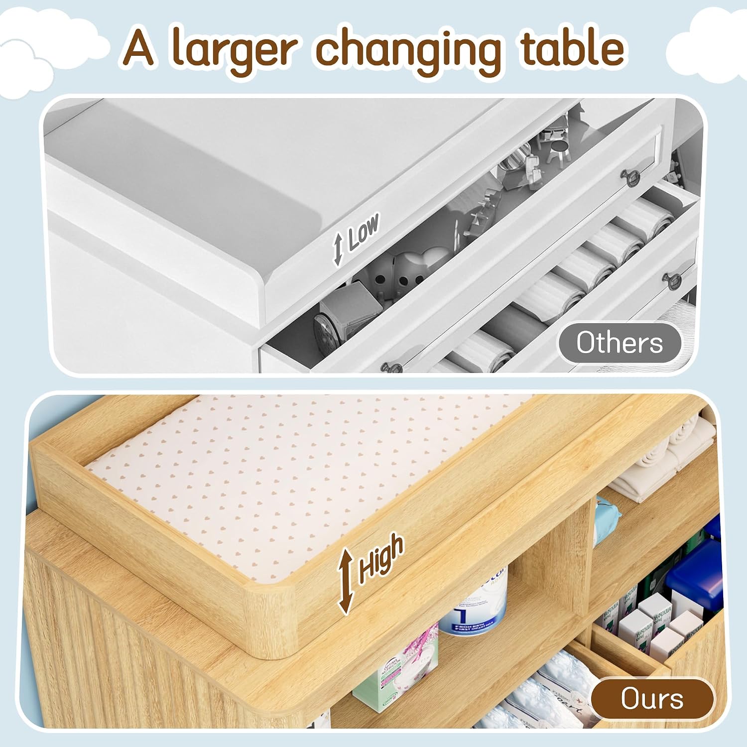  Changing Table Dresser, 4 Large Drawers Wood Baby Nursery Dresser with Raised and Detachable Changing Table Top, Fluted Diaper Changing Table with Gold Handles, Natural thumbnail