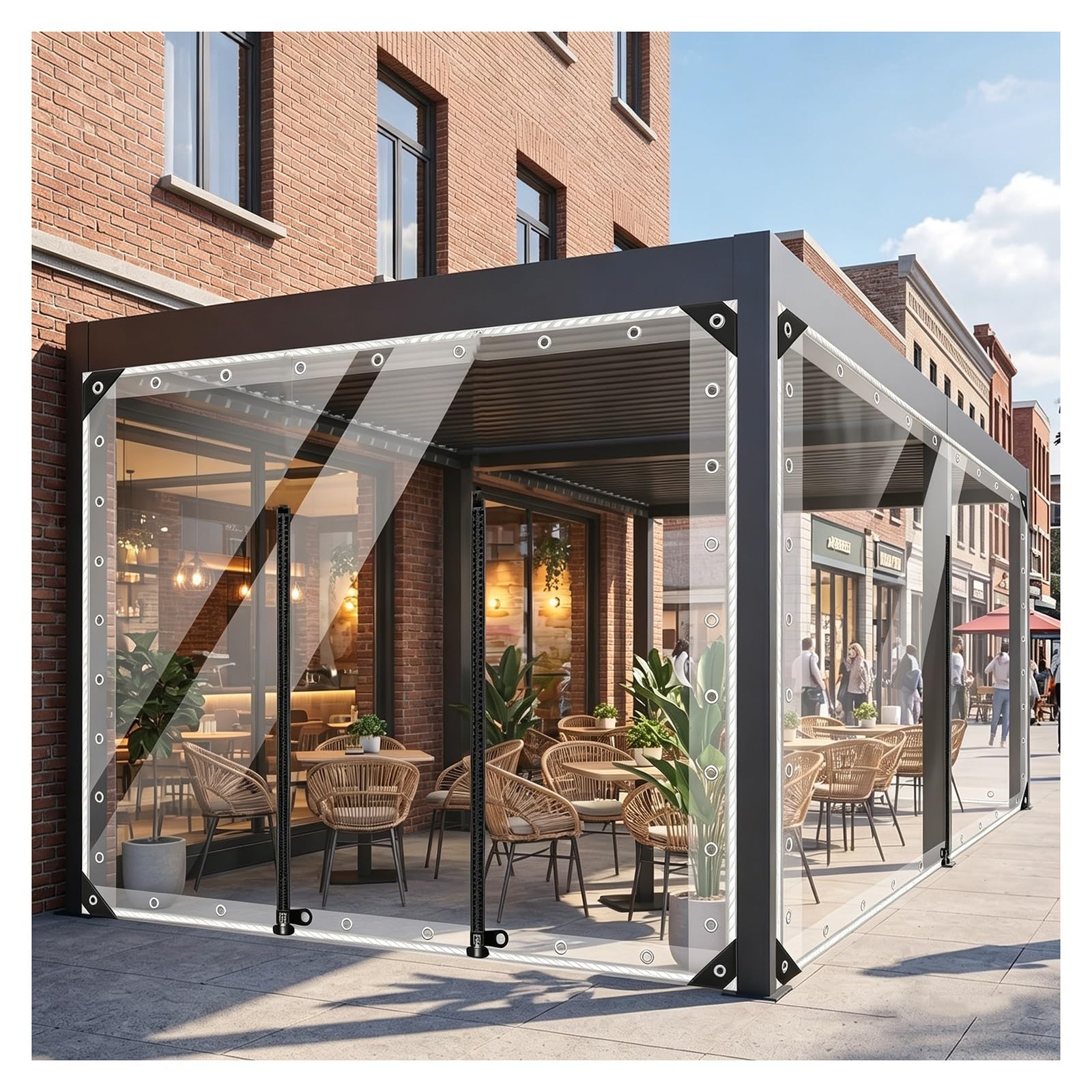 Outdoor Clear Tarp Curtain with Zip Door Waterproof Curtains Heavy Duty PVC Tarpaulin Panel for Pergola, Porch, Gazebo, Customizable，Partition Curtains，680g/m²(H2.1xW2.5m/H6.8xW8.2ft)
