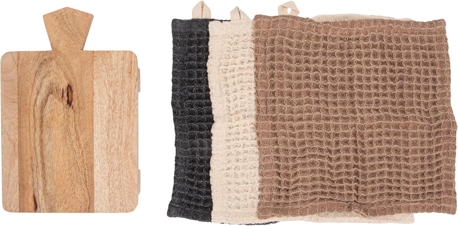Creative Co-Op Stonewashed Cotton Waffle Weave Dish Cloths & Mango Wood Serving Board Set, Multicolor