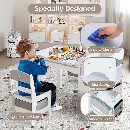 Miniatura 6 de Kinder King Juego de mesa de arte y silla de caballete para niños, mesa de actividades de madera 3 en 1, 6 contenedores de almacenamiento, rollo de