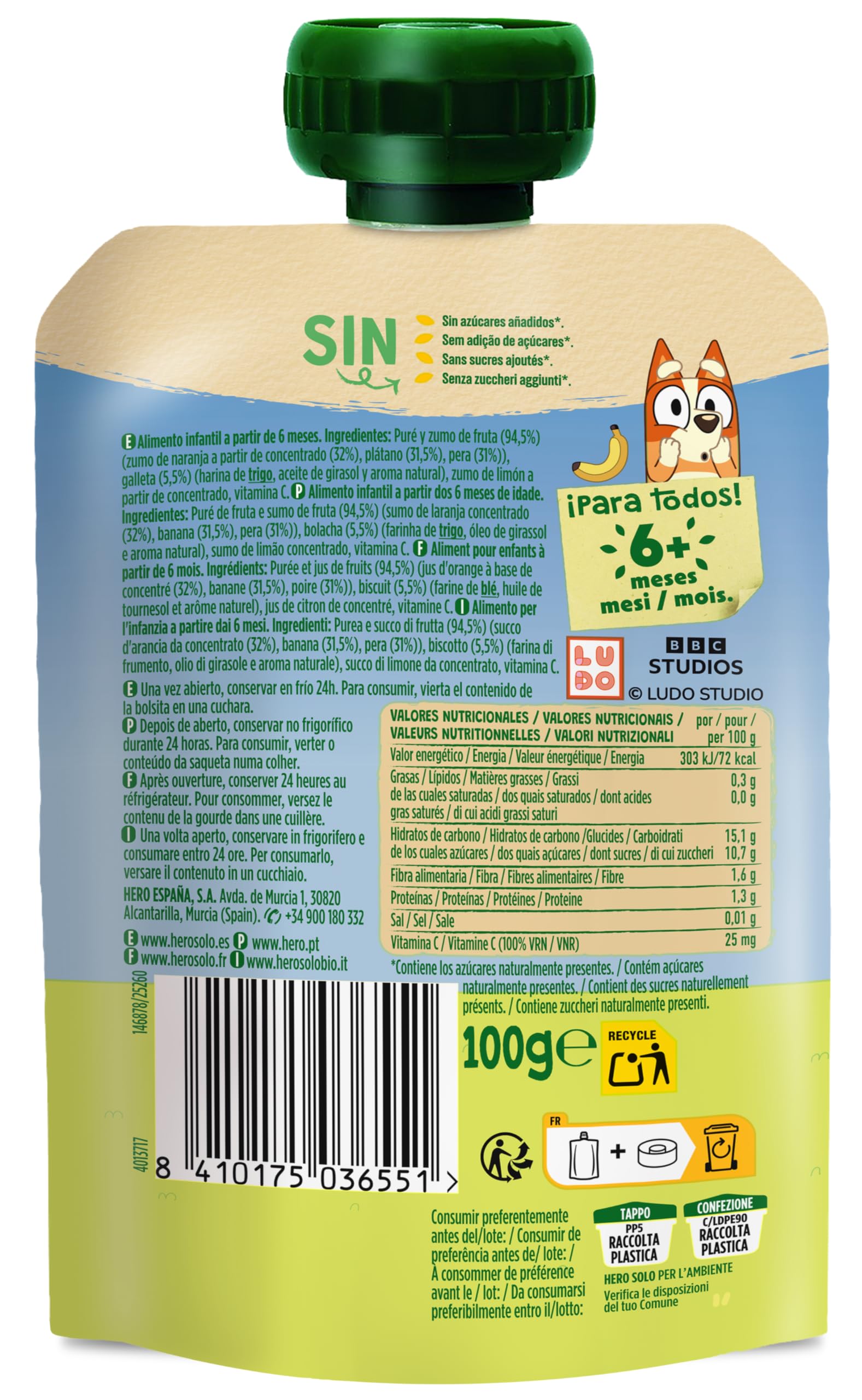 Alimento infantil con puré de frutas y galleta Hero bolsa 100 g