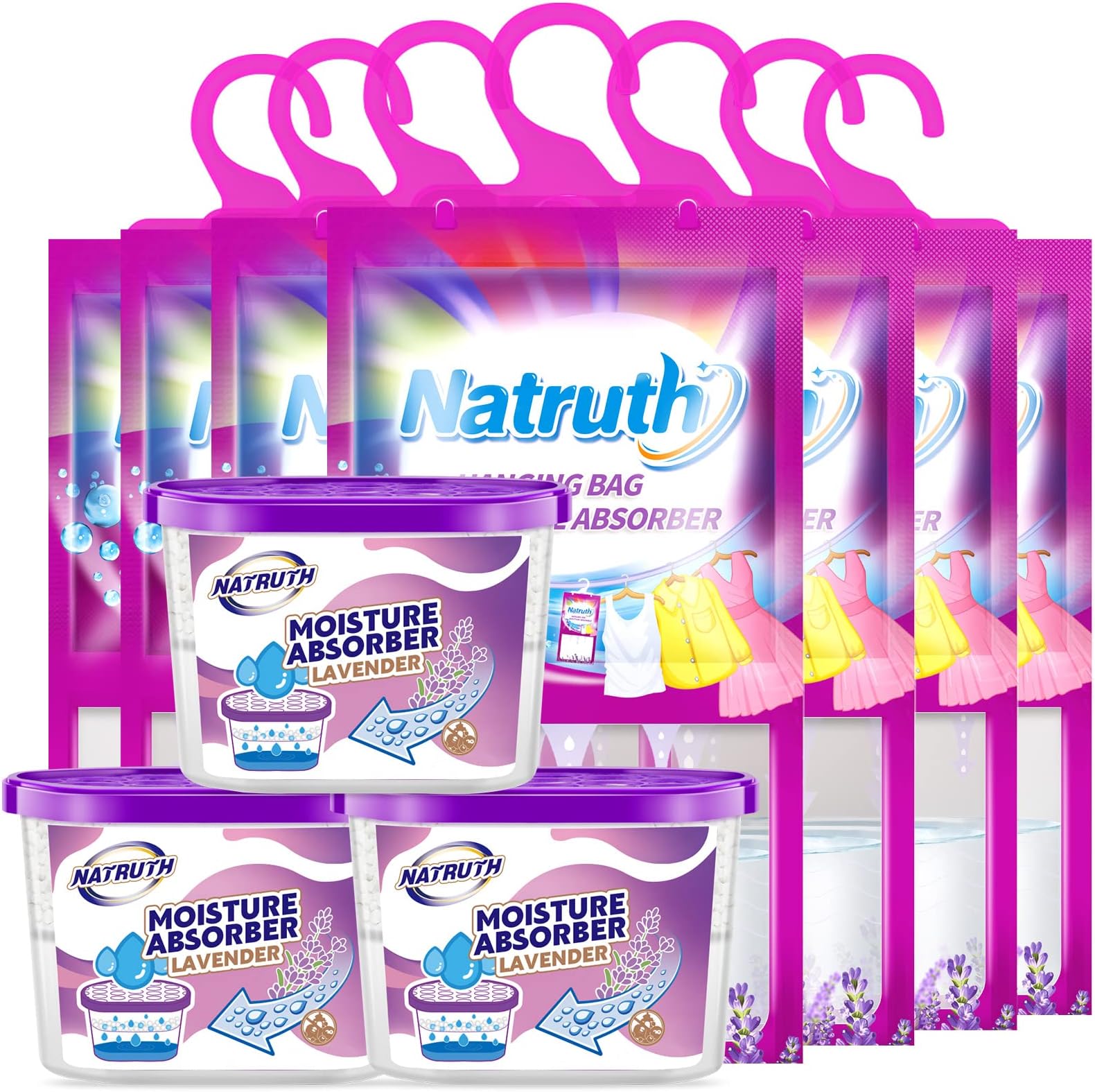 NATRUTH Moisture Absorber 7 HangingPackets(9.8oz*7)+ 3 Portable Boxs (10.5oz*3), Dehumidifiers with Lavender, Desiccant Hanging Bag Use for Kitchen Bathroom Wardrobe, Eliminates Odors, Odor Absorber