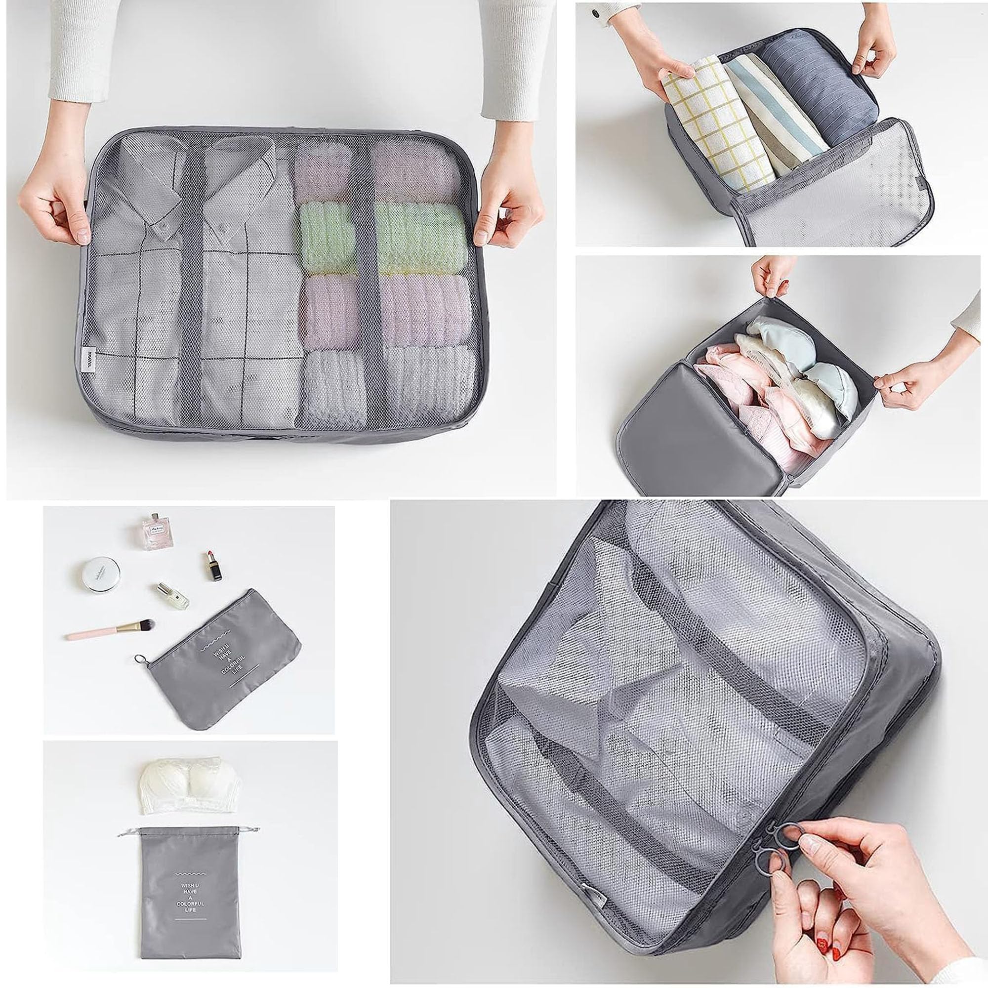 LANSKLBD 6/8 Set Packing Cubes for Suitcases Travel Luggage Packing Organizers,Travel Accessories Essentials Luggage Organizer with Shoe/Tioletry/Laundry Bag (Grey, 6 set) view 4
