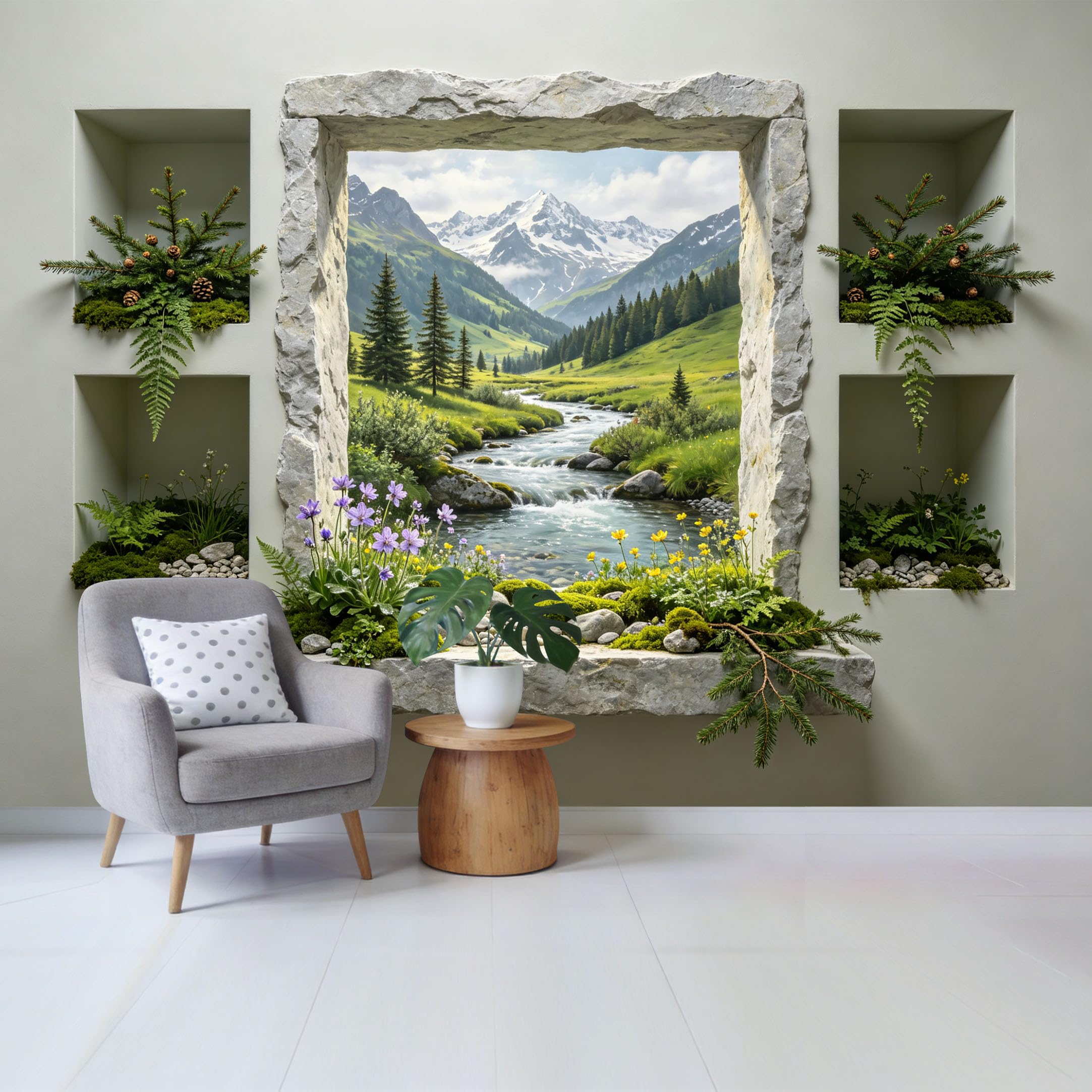 Custom Size Wall Mural Mountain Lake Landscape Window View with River Pine Forest and Wildflower Meadow Removable Self Adhesive Fabric Home Wall Decor for Living Room Bedroom Bathroom