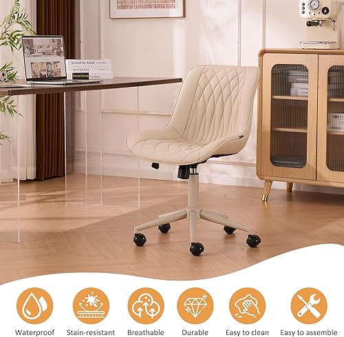 Miniatura 8 de YOUNIKE Silla de escritorio de oficina en casa con ruedas, silla de tocador sin brazos con respaldo cómoda y moderna tapizada de cuero, silla