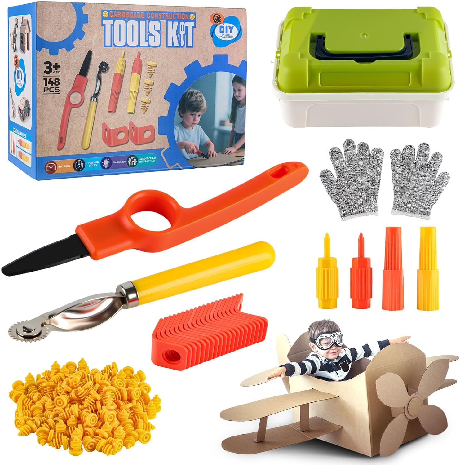 Cardboard Cutting Tools for Kids with Storage box,Safe DIY Cutter,148 PCS Construction Kit for Family & Team Activities,Creative Educational Toys Gift for Boys and Girls,5 6 7 9,Building Set,Ageds 4+ Cardboard Cutting Tools for Kids with Storage box,Safe DIY Cutter,148 PCS Construction Kit for Family & Team Activities,Creative Educational Toys Gift for Boys and Girls,5 6 7 9,Building Set,Ageds 4+