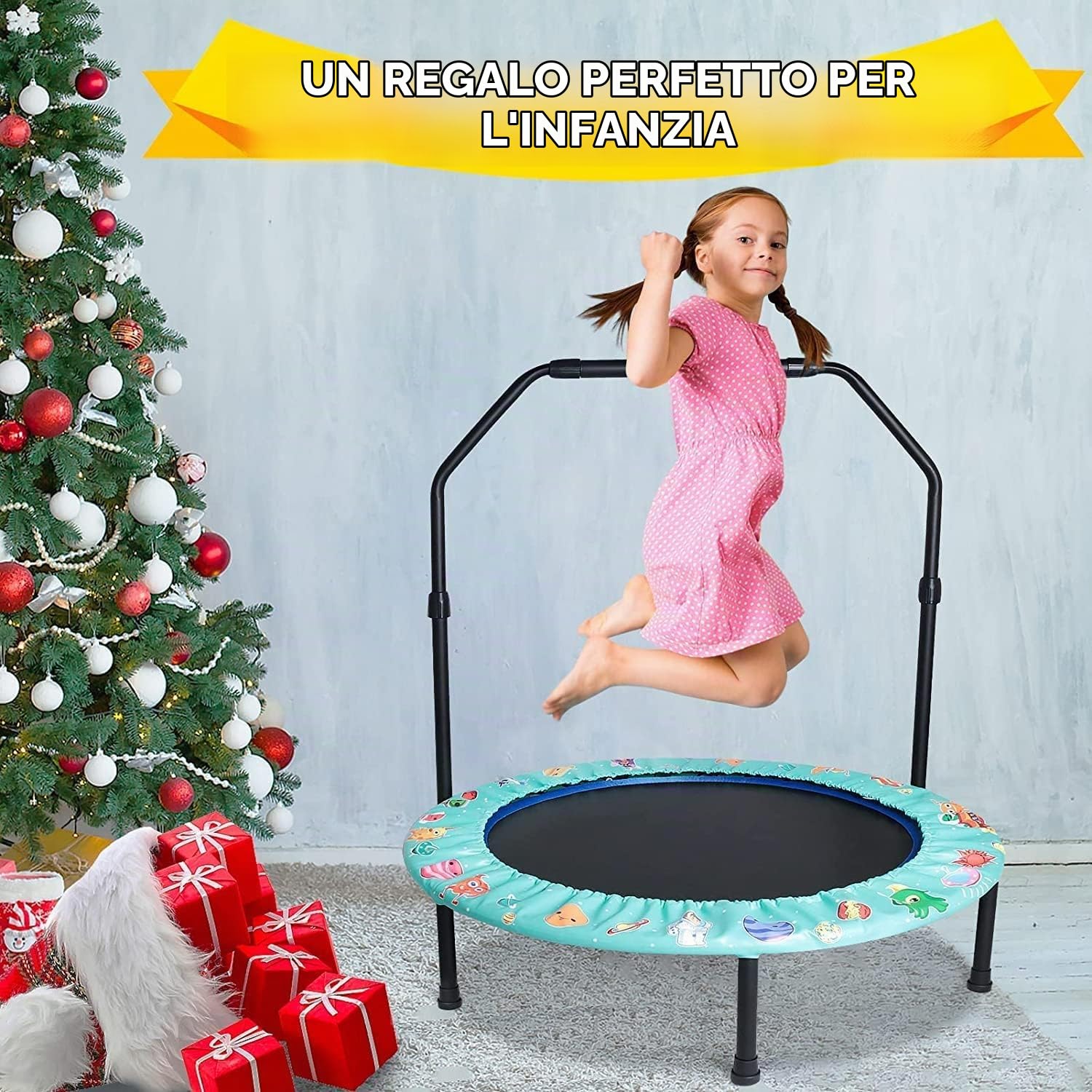 Trampolino per Bambini Ø92 cm,Pieghevole Tappeto Elastico Bambini da Esterno e da Interno,Capacità di Carico 60 KG,Mini Trampolino Con Corrimano Regolabile E Copertura Imbottita