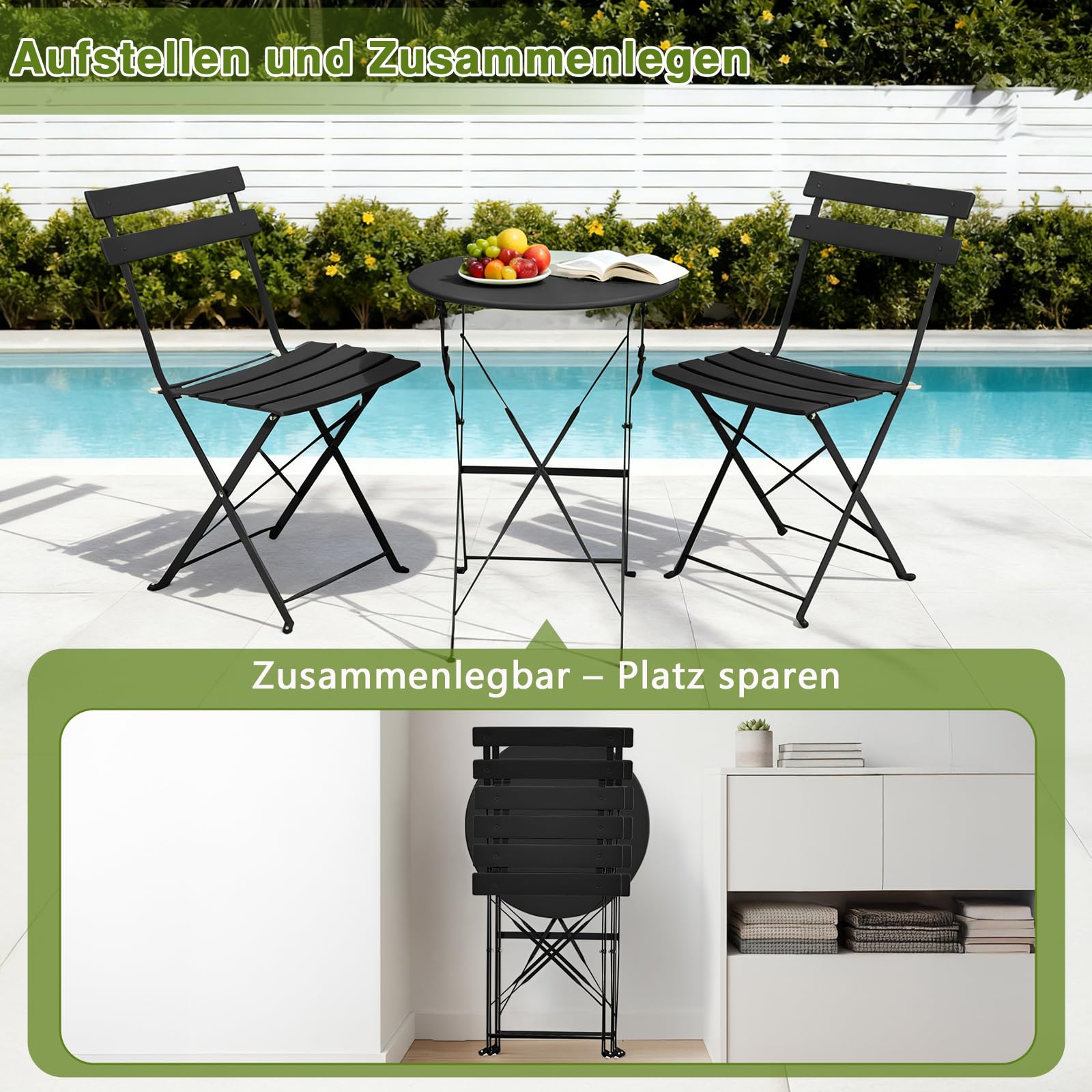 LEADZM Gartenmöbel Bistro Set Metall, Bistroset 3 teilig Klappbar - Bistrotisch mit 2 Klappstühlen, Balkonmöbel Klappbar für Balkon und Garten, Schwarz