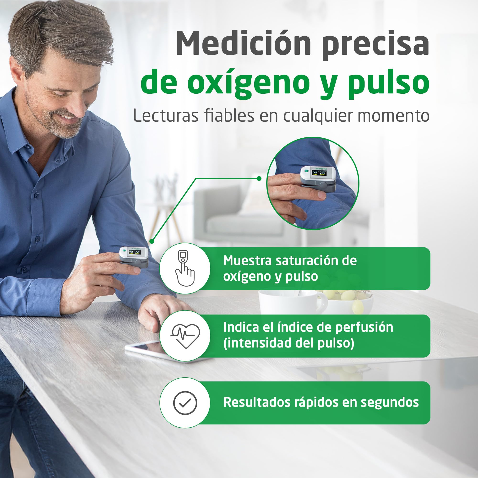 medisana PM 100, oxímetro de pulso, medición de la saturación de oxígeno en la sangre, oxímetro de pulso para el dedo con pantalla OLED y funcionamiento de un solo toque, 53 gr