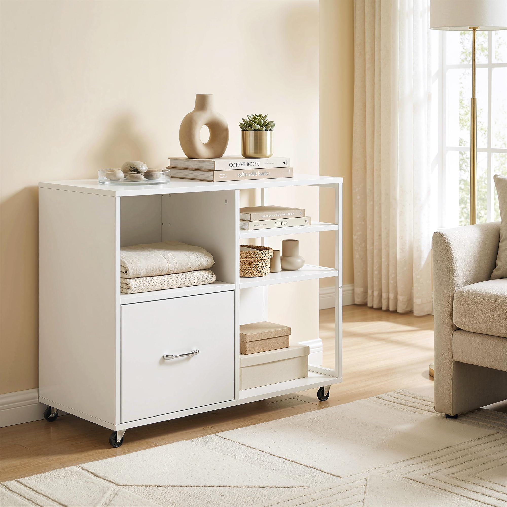 HOMCOM Mueble para Impresora con Ruedas, Mesa para Impresora con Estantes Abiertos y Cajón para Documentos Tamaño A4 y Carta, Archivador Móvil para Oficina en Casa, Blanco