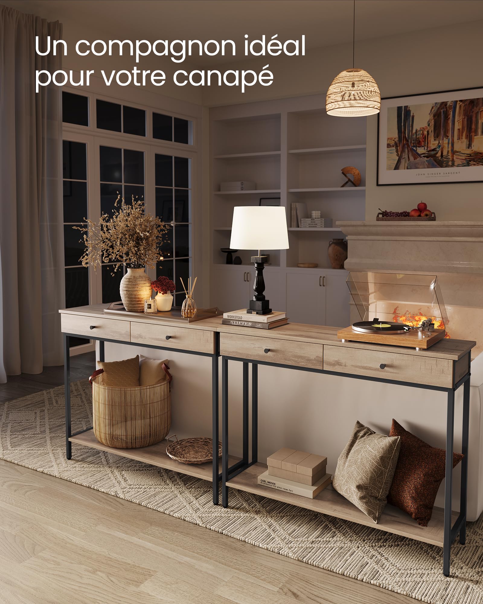 VASAGLE Table Console, Table d'Entrée, Bout de Canapé, avec 2 Tiroirs, Cadre en Acier, pour Entrée, Chambre, Salon, Style Industriel, Marron Camel et Noir d'encre LNT015W01