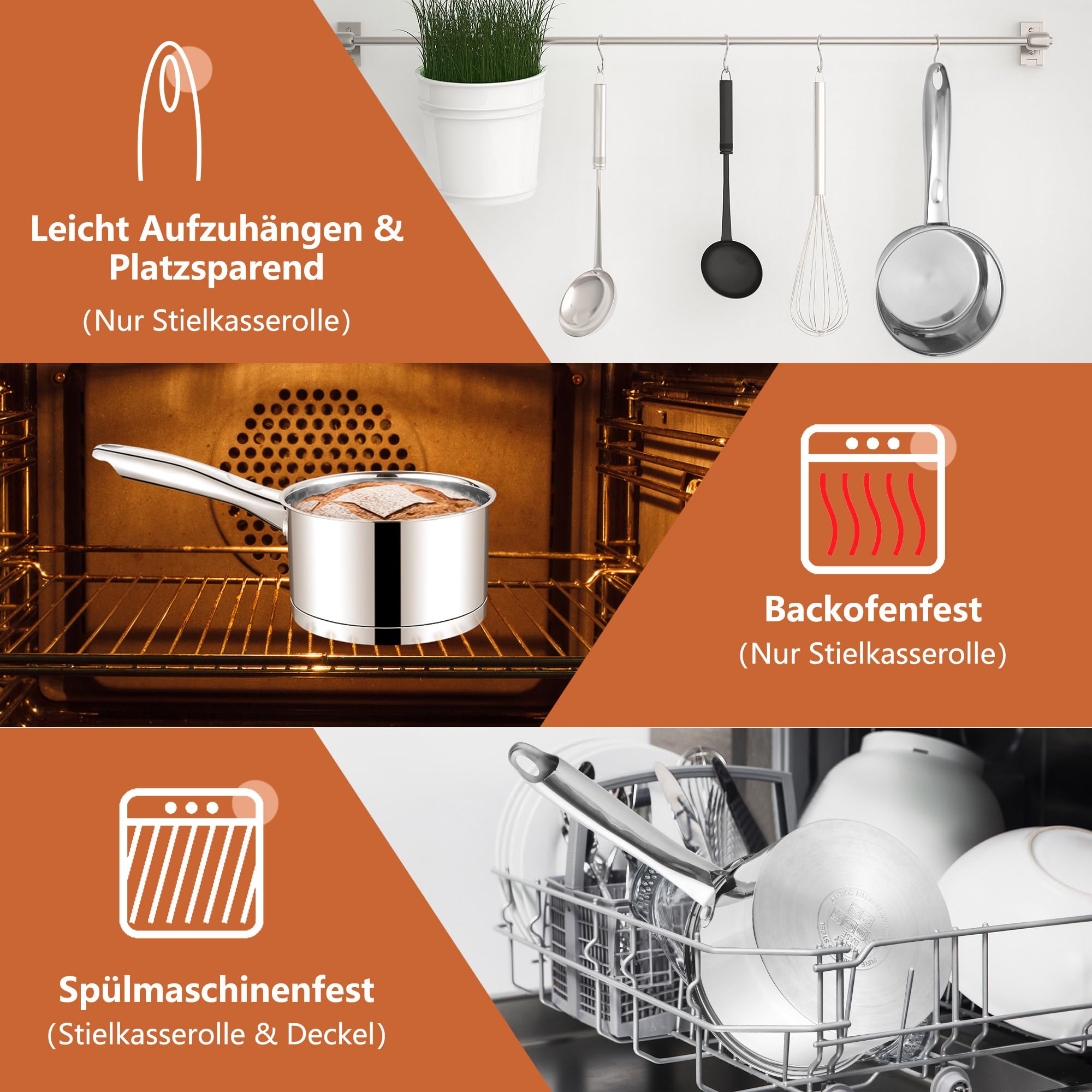 Homikit Rondel 14 cm, stal nierdzewna, mały garnek na mleko ze szklaną pokrywką, 3-warstwowe dno do wszystkich rodzajów kuchenek, garnek indukcyjny 0,95 l, na małe porcje, niemalowany i nadaje się do