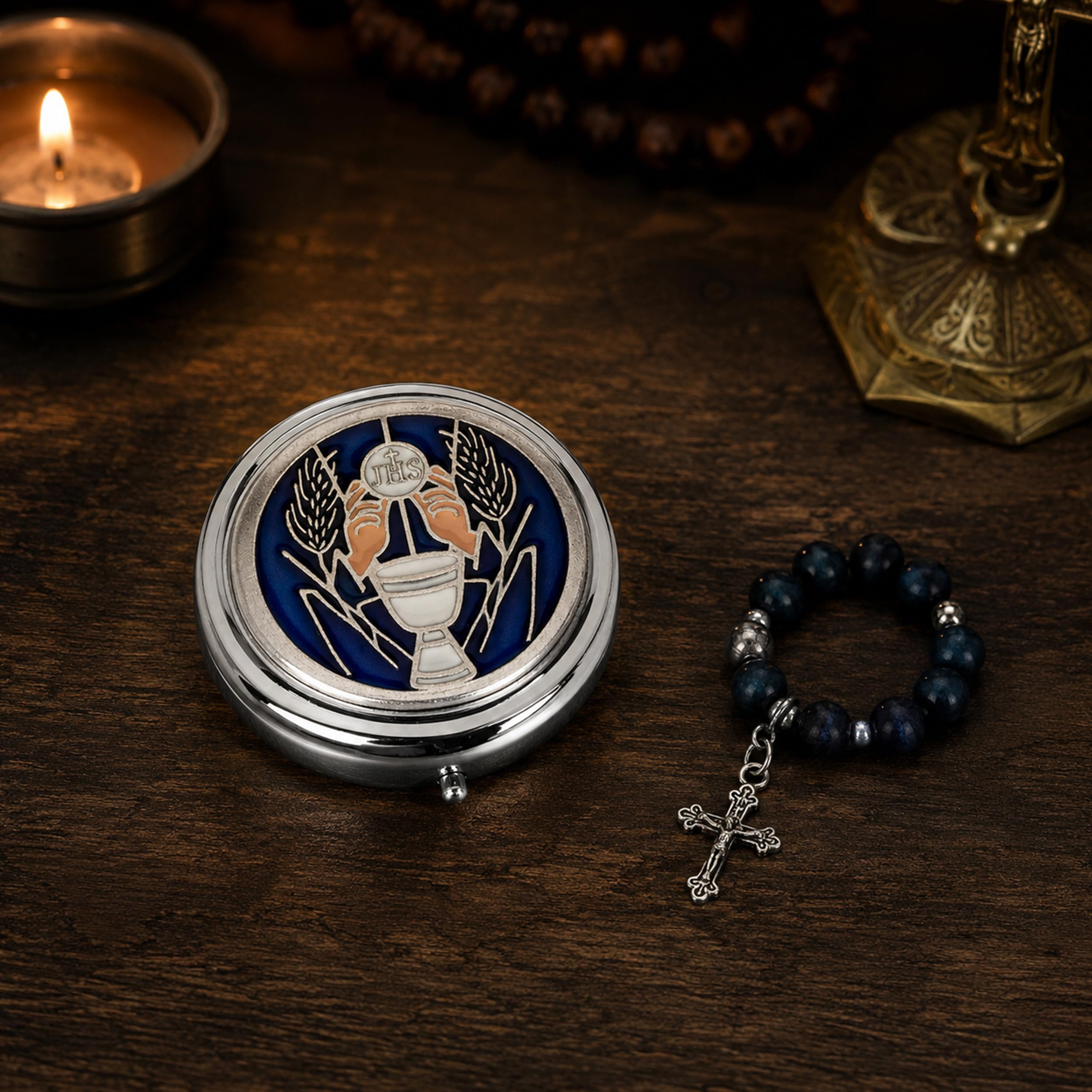 NKlaus Rosenkranz estuche de metal motivo cáliz Hostiendose plata azul inserto en el interior 4cm 2531