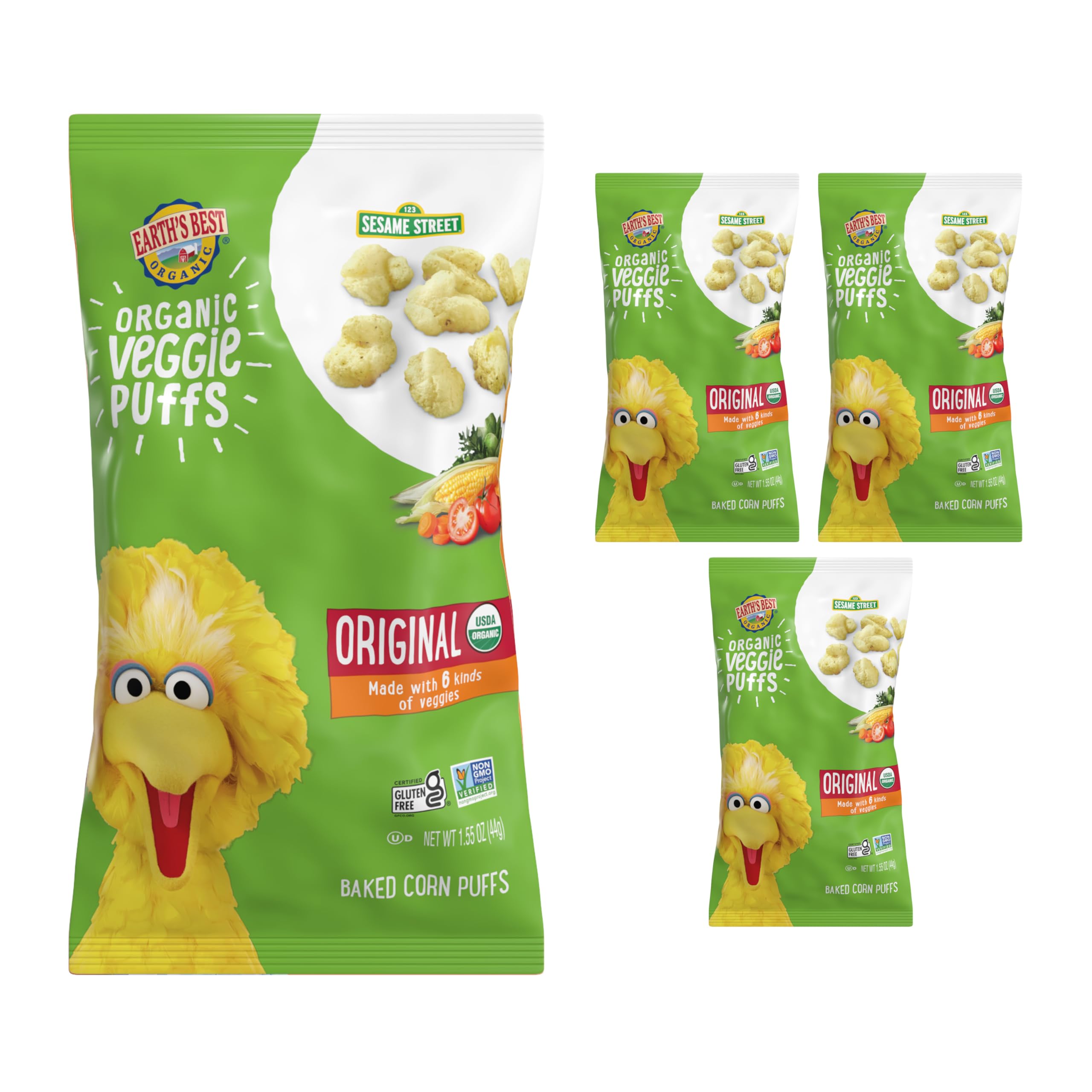 Organic Veggie Puffs for Toddlers 2 Years Old and Up, Original Flavor, 1.55 Ounce Bag (Pack of 4)