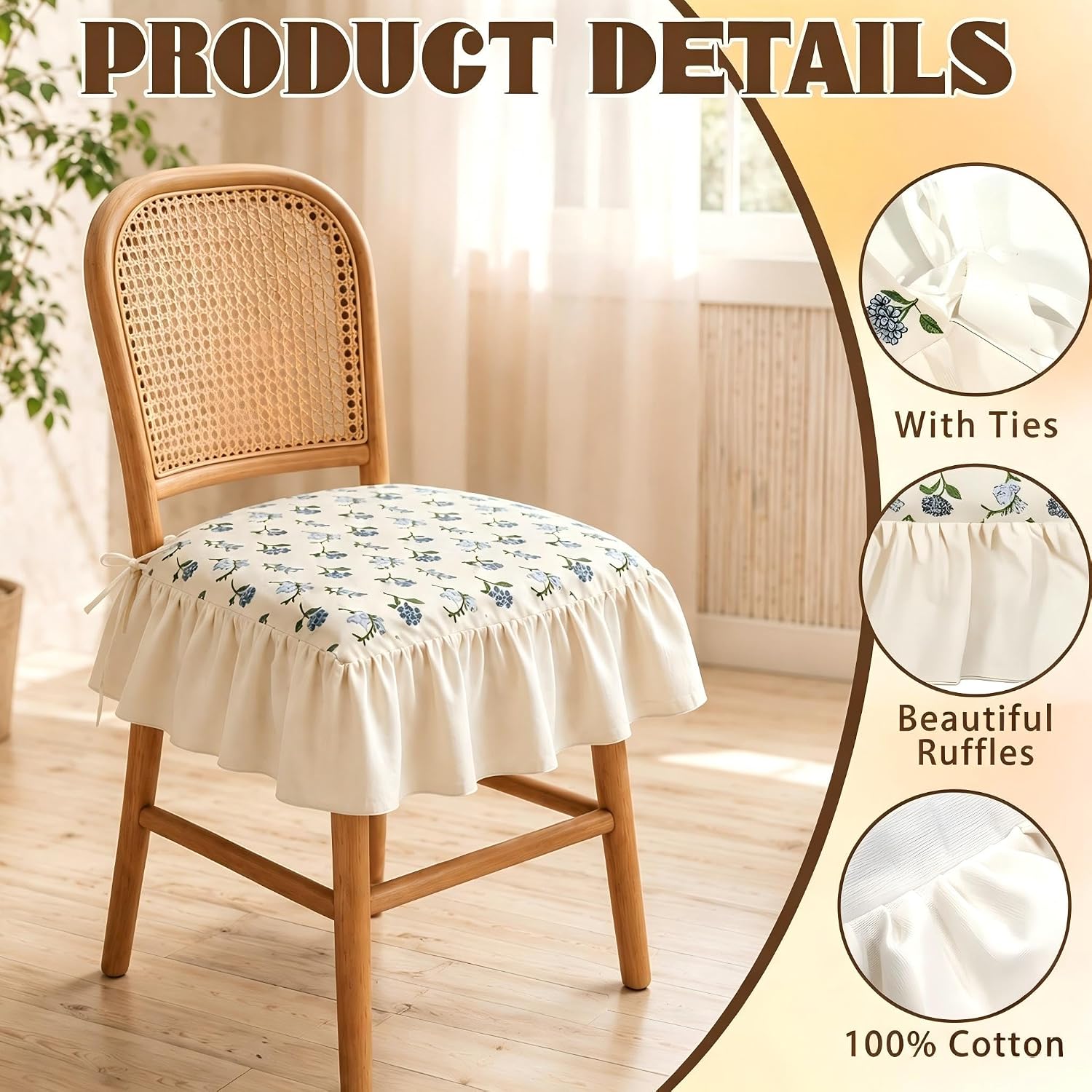 4 Pcs 17.5"x17.5" Ruffle Chair Cushion Covers No Padding,Farmhouse French Style Seat Covers with Tie Backs for Home Dining Kitchen Chairs Cushion,Farmhouse Decor (Floral Style)