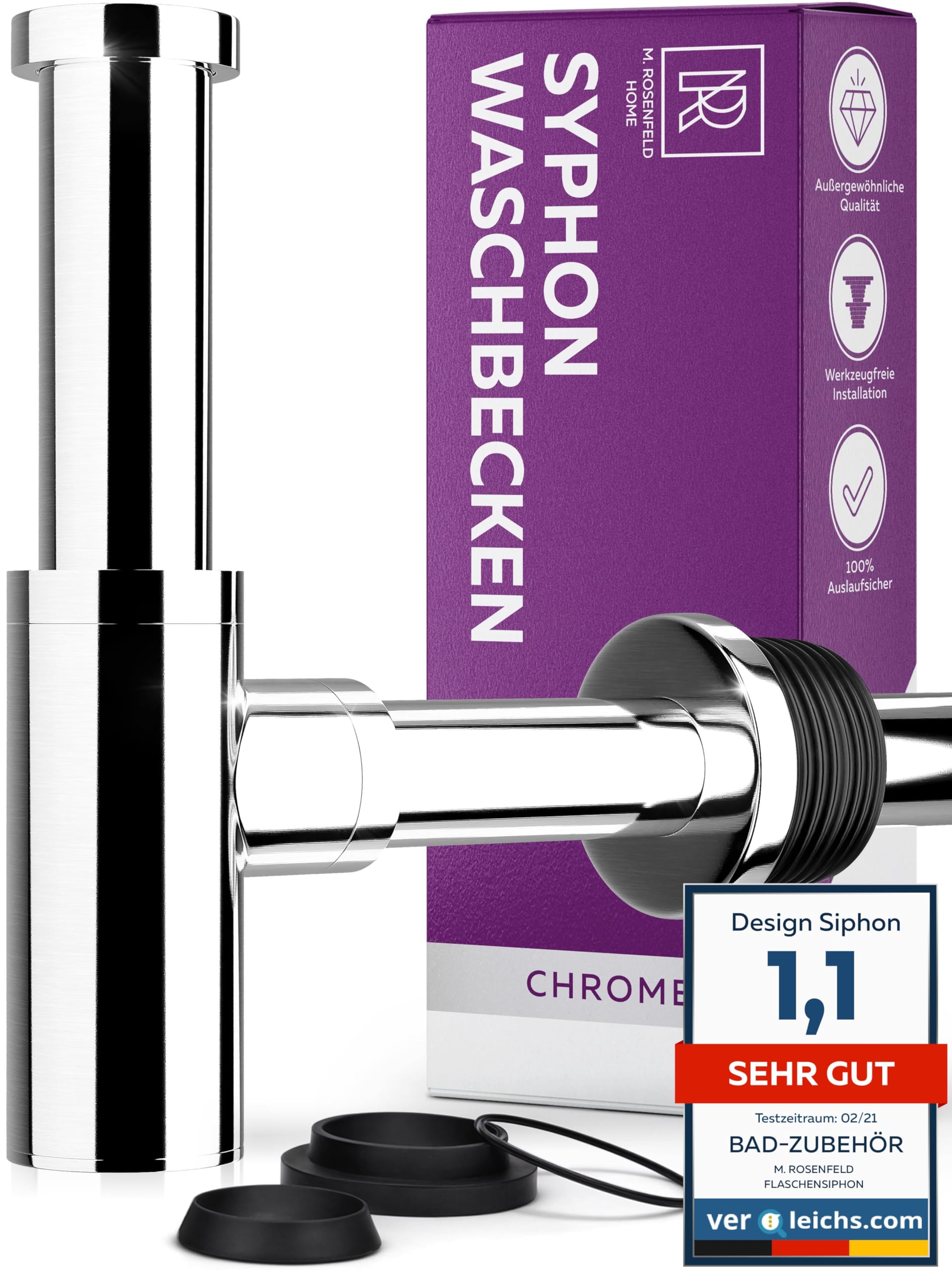 M. ROSENFELD HOME Design Siphon Waschbecken – Universeller Röhrensiphon 1 1/4" für Waschtisch, Geruchsverschluss & Abflussrohr, inkl. Dichtungen und Rosette