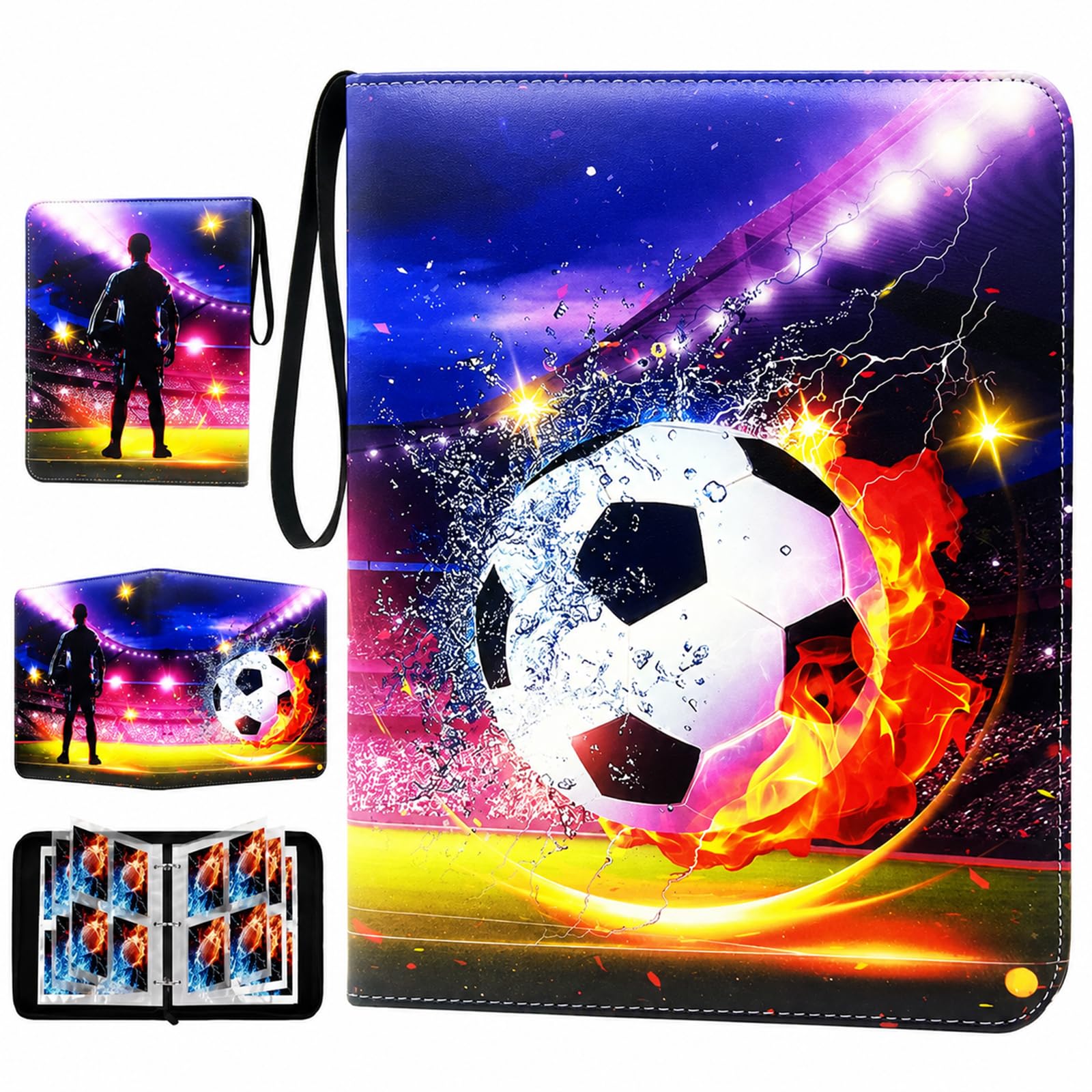 Aribliseza Football Card Collecting Album, 400-Card Binder & Collecting Album, 4-Pocket Sports Album, Removable Double Sleeves, Portable PU Zip Case for TCG Collectors Boys & Girls