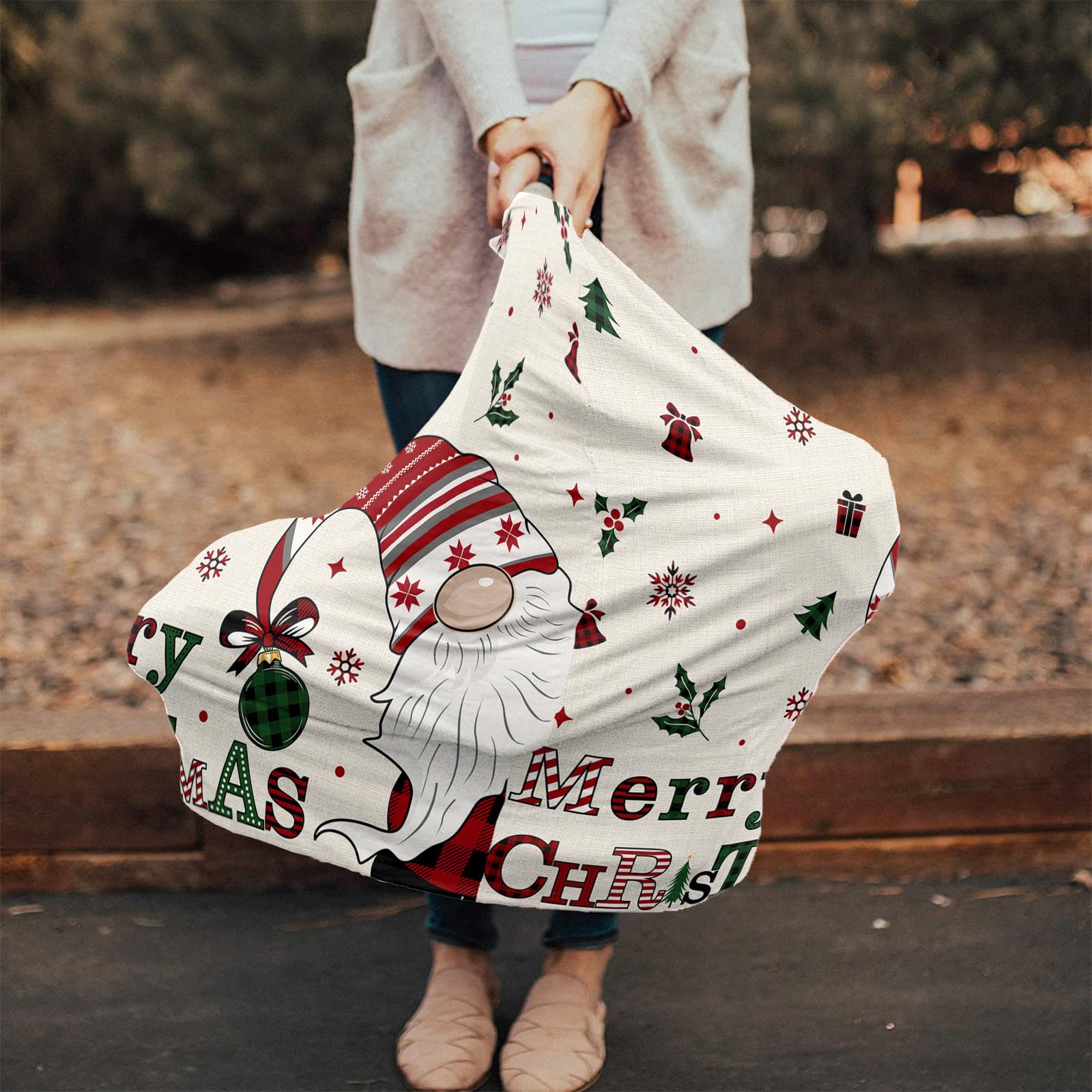 Nursing Cover for Breastfeeding Scarf, Vintage Merry Christmas Gnome Xmas Tree Snowflake Baby Car Covers Super Soft Multi Use for Canopy Shopping Cart Cover Blanket Stroller Cover