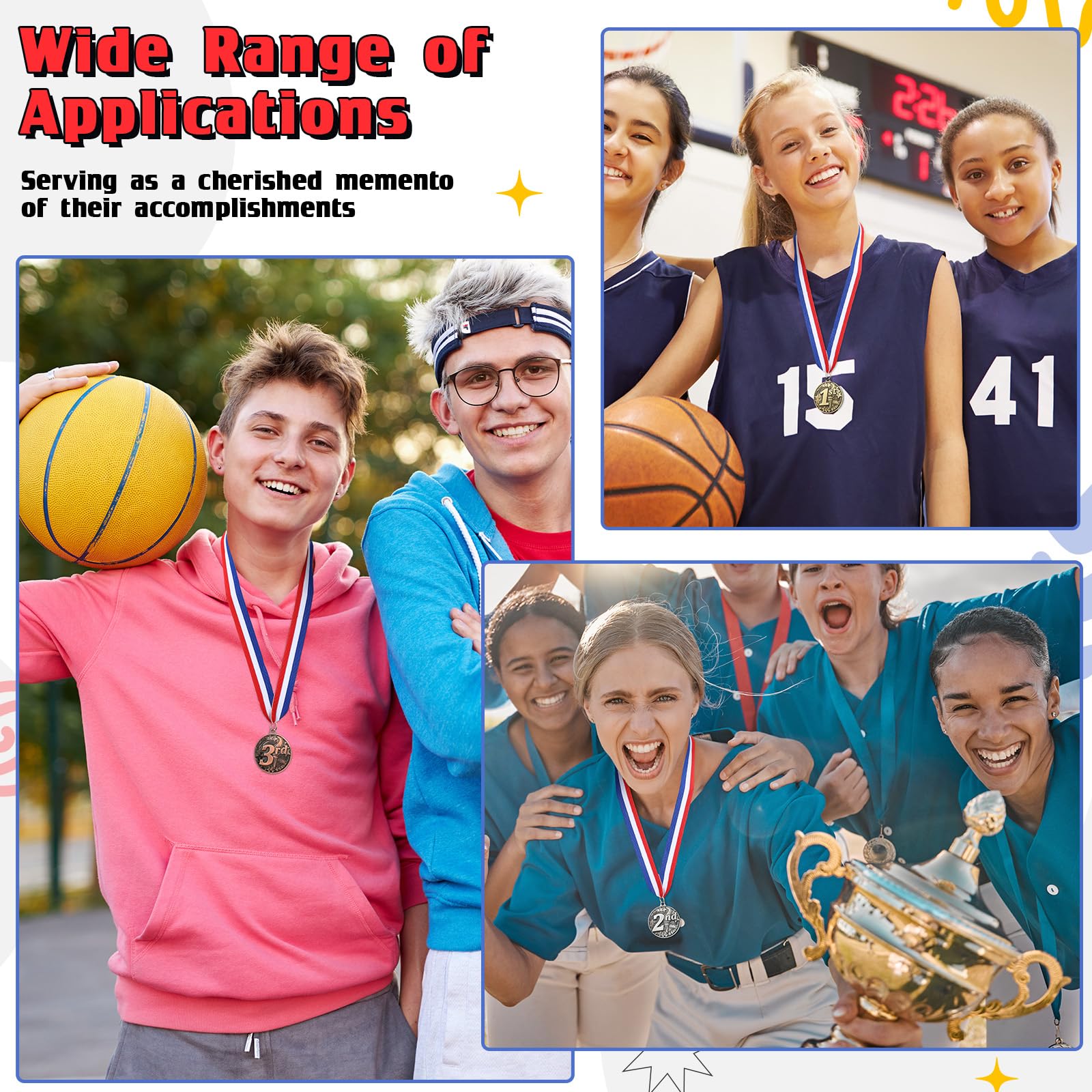 RoundFunny Medaillen für den 1., 2., 3. Platz, Medaillen für Auszeichnungen, Gewinnermedaille, Gold, Silber, Bronze, Medaille mit Halsband, Trophäe, Auszeichnung für Sportwettbewerbe, Party, 5,1 cm