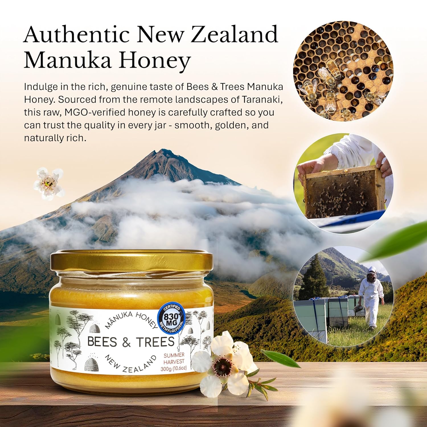 Bees & Trees Manuka Honey 830+ MGO – Raw, Pure New Zealand Monofloral Honey – Unpasteurized & Minimally Filtered - Ideal for Tea, Coffee, Dressings, Smoothies & Daily Use – Glass Jar, 300g (10.6oz)
