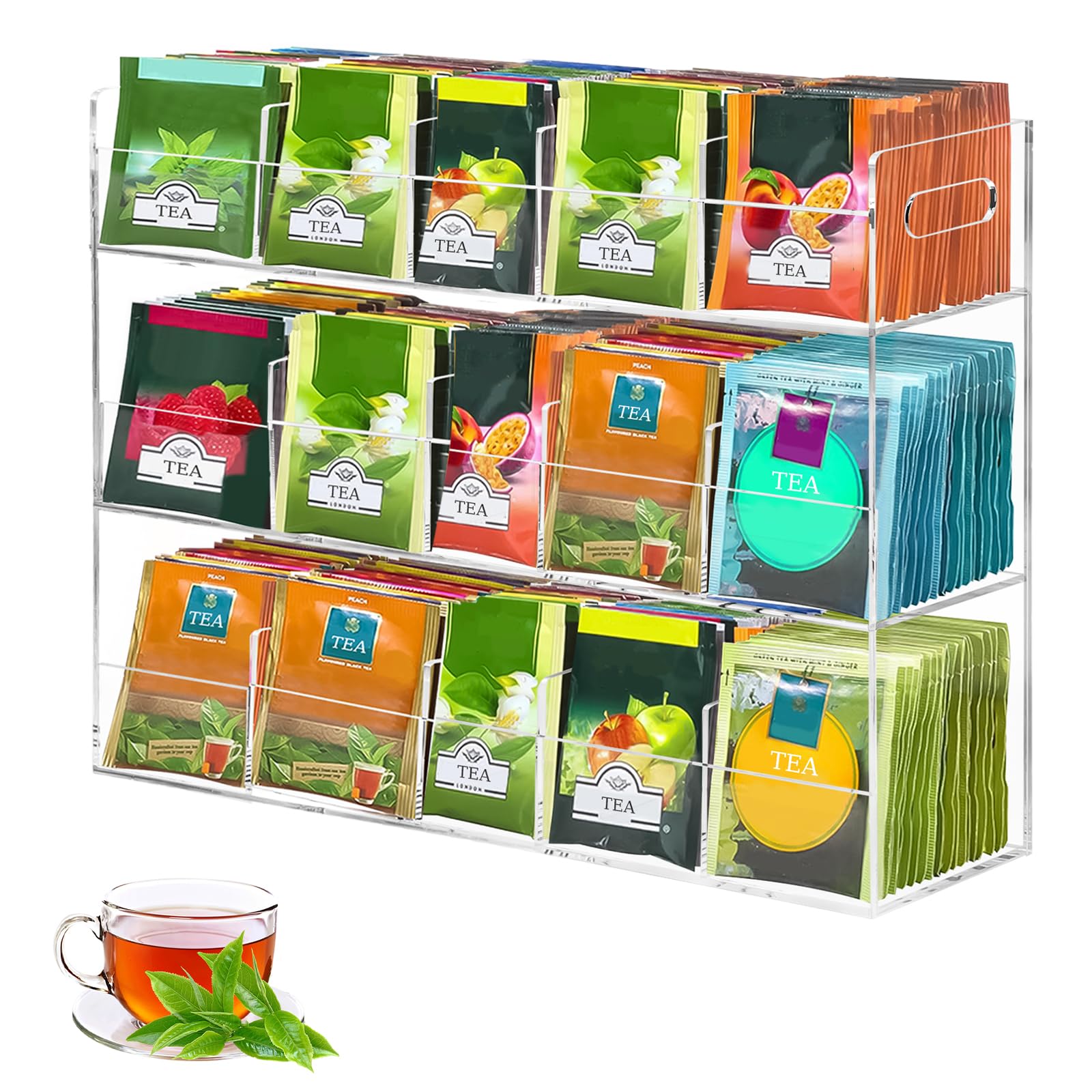 Tefola Teebeutel Organizer aus Acryl, Teebeutel Aufbewahrung, Tee AufbewahrungsboxKeine Montage Erforderlich & Platzsparend, Transparente Tee Organizer Geruchsneutral (15 Fächer)