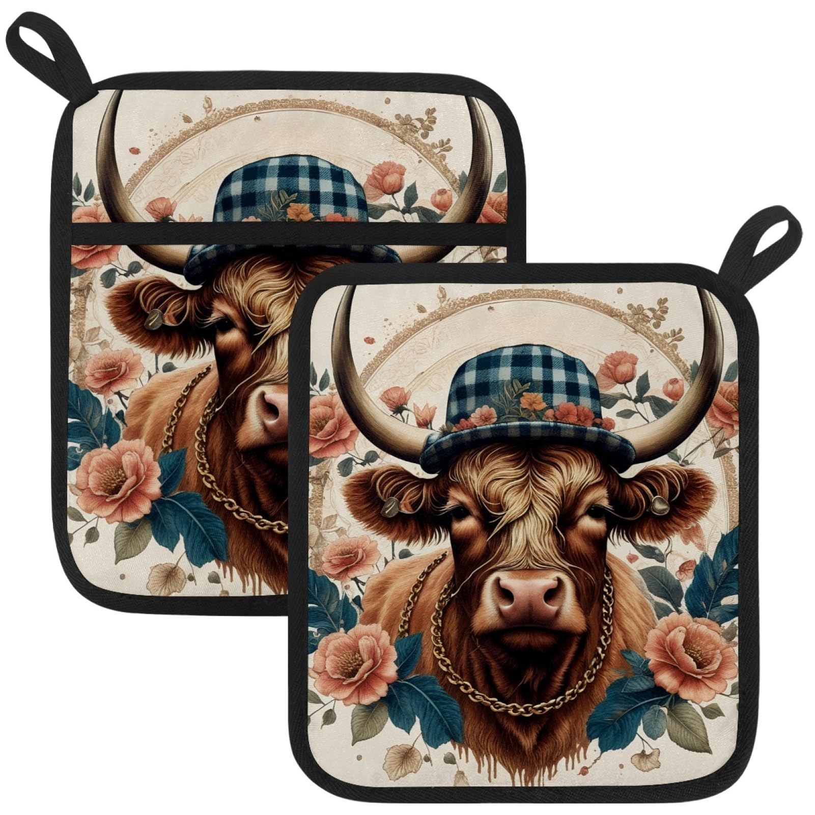 VAPOKF Highland Cow Pot Holders with Pocket for Kitchen Heat Resistant Potholders Large Polyester-Cotton Square Oven Mitts Set