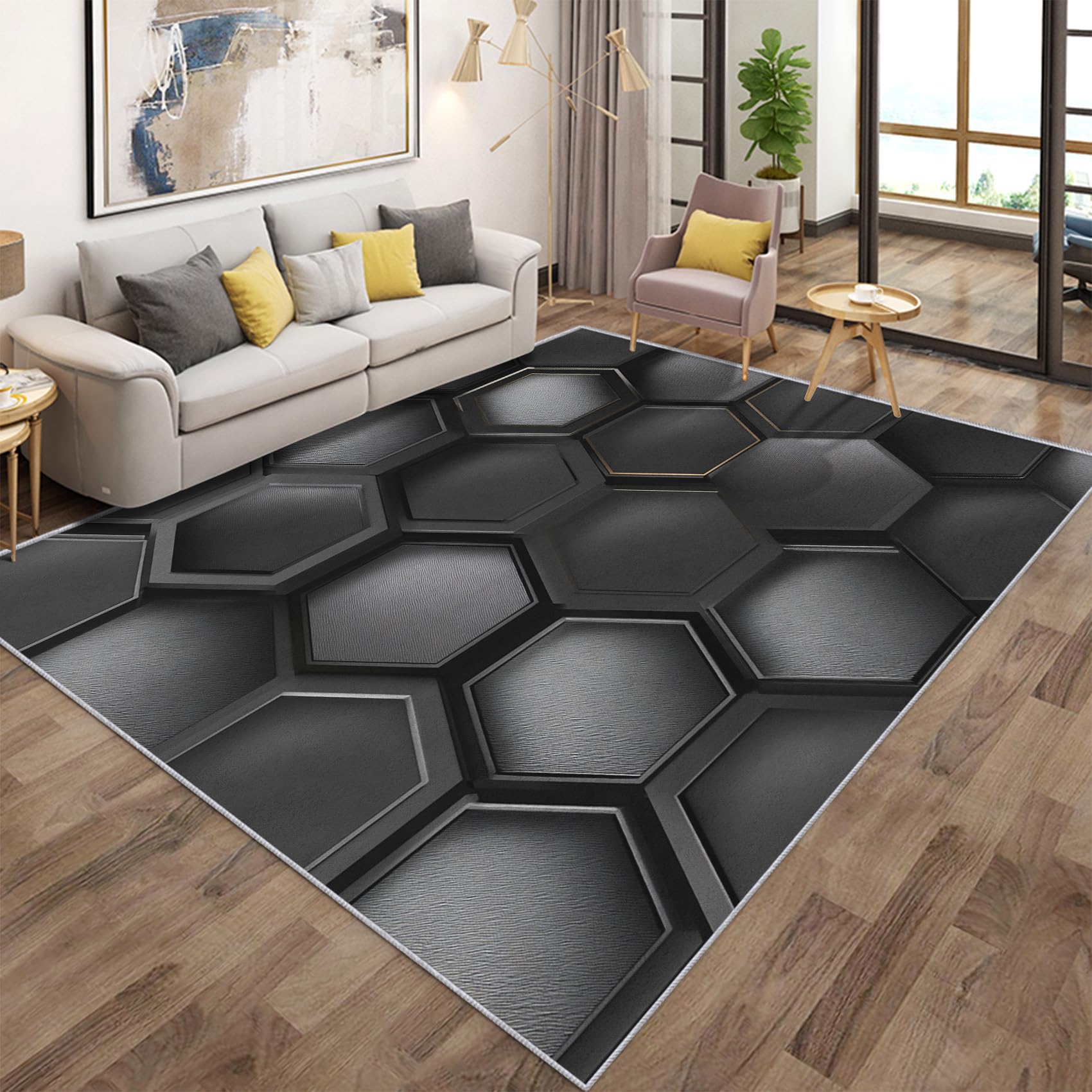 Tapis hexagone géométrique moderne noir lavable 140x200cm pour salon et chambre