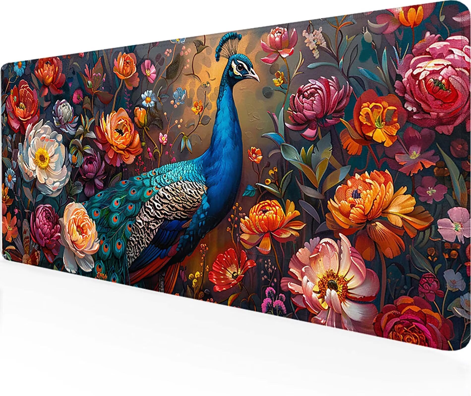Podkładka pod mysz dla graczy, paw, XXL, 1200 x 600 mm, przyszyte krawędzie, podkładka pod mysz, niebieska, akcesoria dla graczy, wodoodporna, antypoślizgowa, gumowa podkładka, podkładka pod mysz, do