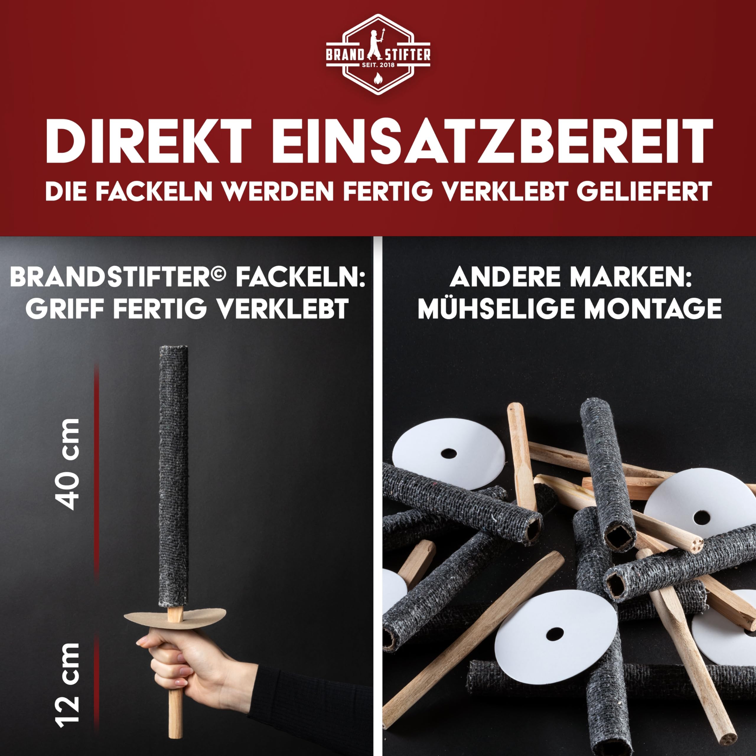 Brandstifter® 10 x bis zu 45 Minuten Fackeln für Hochzeit, Kinder Wanderung. Kinderfackeln Schwarz Wachsfackeln für Fackelwanderung wandern draußen mit Handschutz Garten min