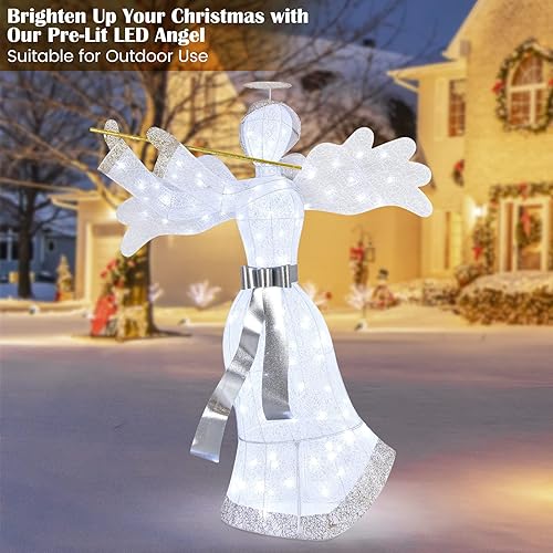 Miniatura 8 de Tangkula Ángel de Navidad iluminado para exteriores, decoración navideña preiluminada para patio, decoración de Navidad artificial con 100 luces