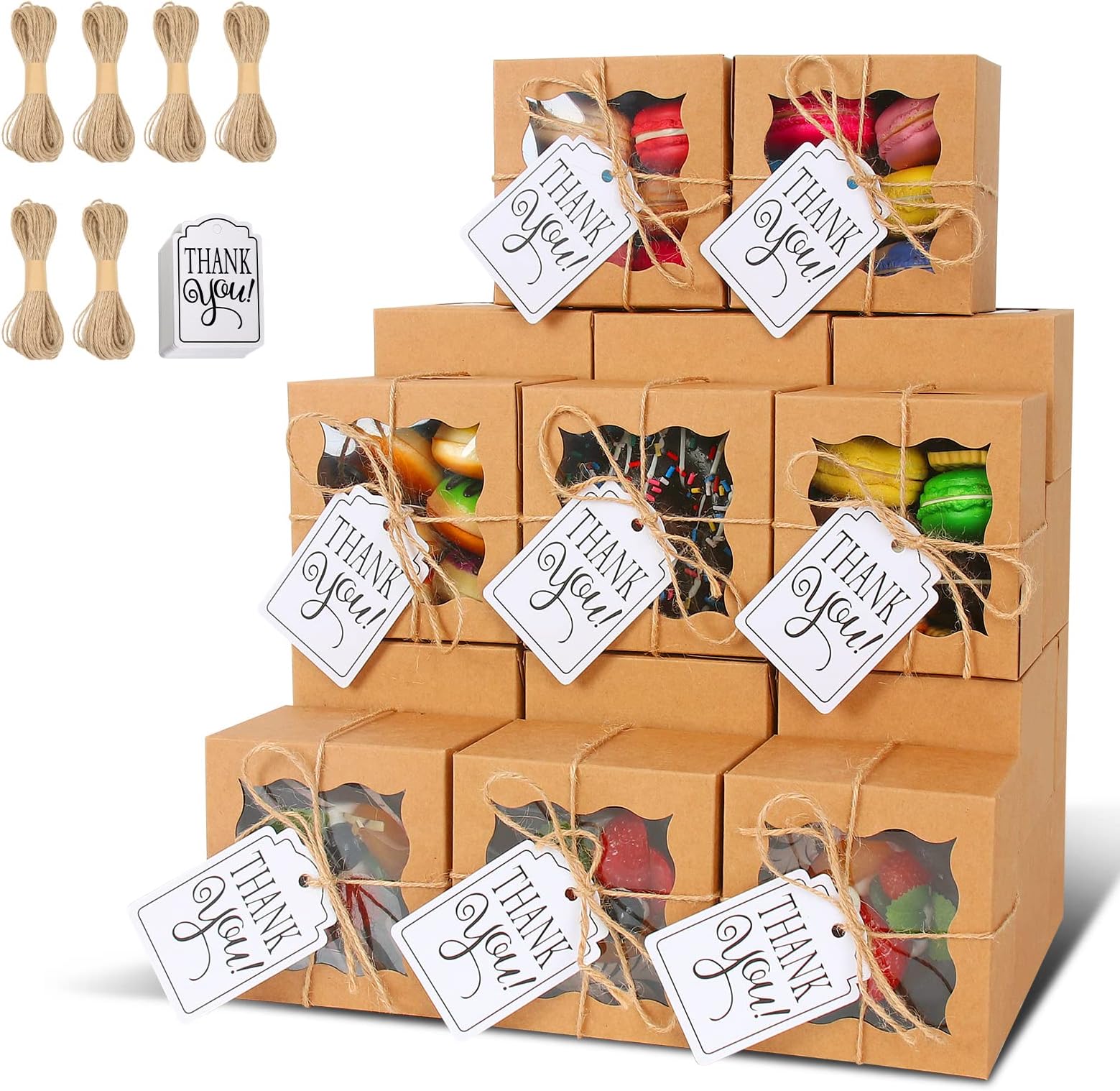 KPOSIYA 60 Pcs Brown Bakery Boxes with Window Individual Cupcake Boxes 4x4x2.5 Inches Cookie Boxes Kraft Paper Brown Gift Box for Pastries, Cookies, Pie, Donuts, Macaroon