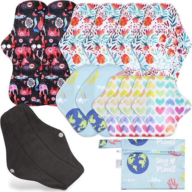 Rovtop 12 Pcs Reusable Sanitary Pads,Washable Cloth Menstrual Pads/Menstrual Towel4 Size Replace with 1 Mini Portable Bag